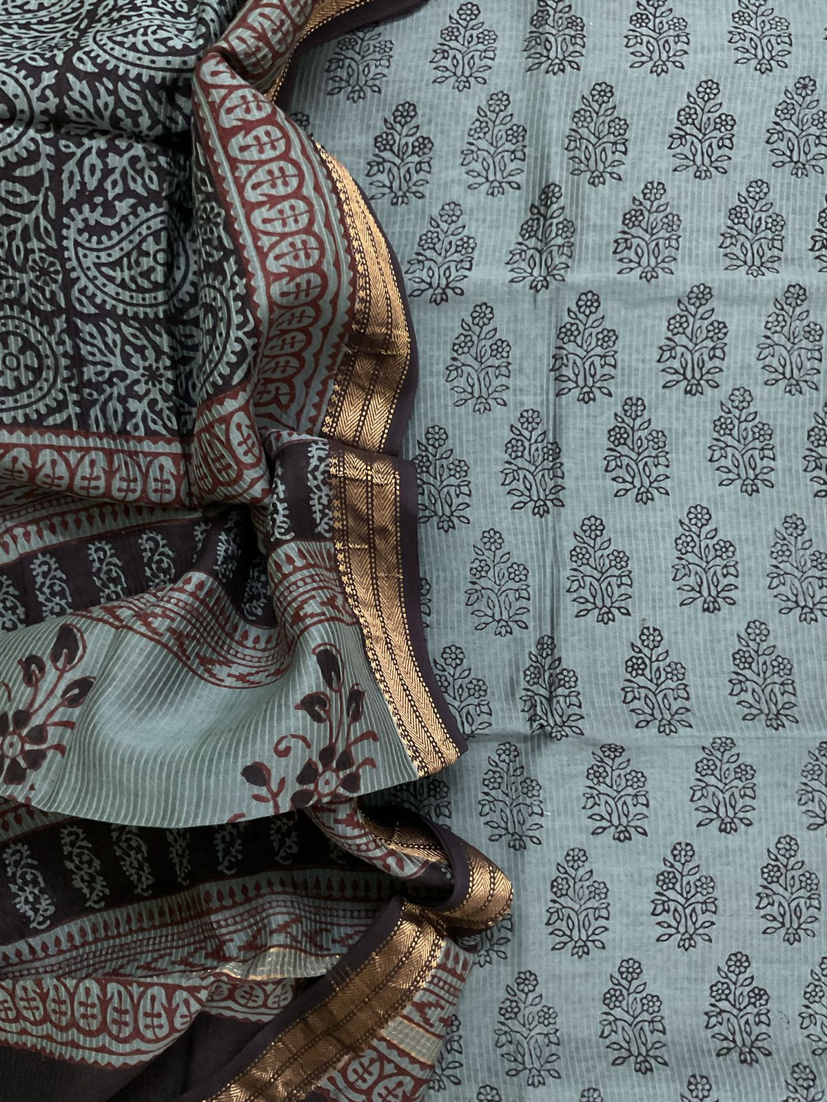 Pure Maheshwari Self Weaved Bagh Printed Suit - Grey