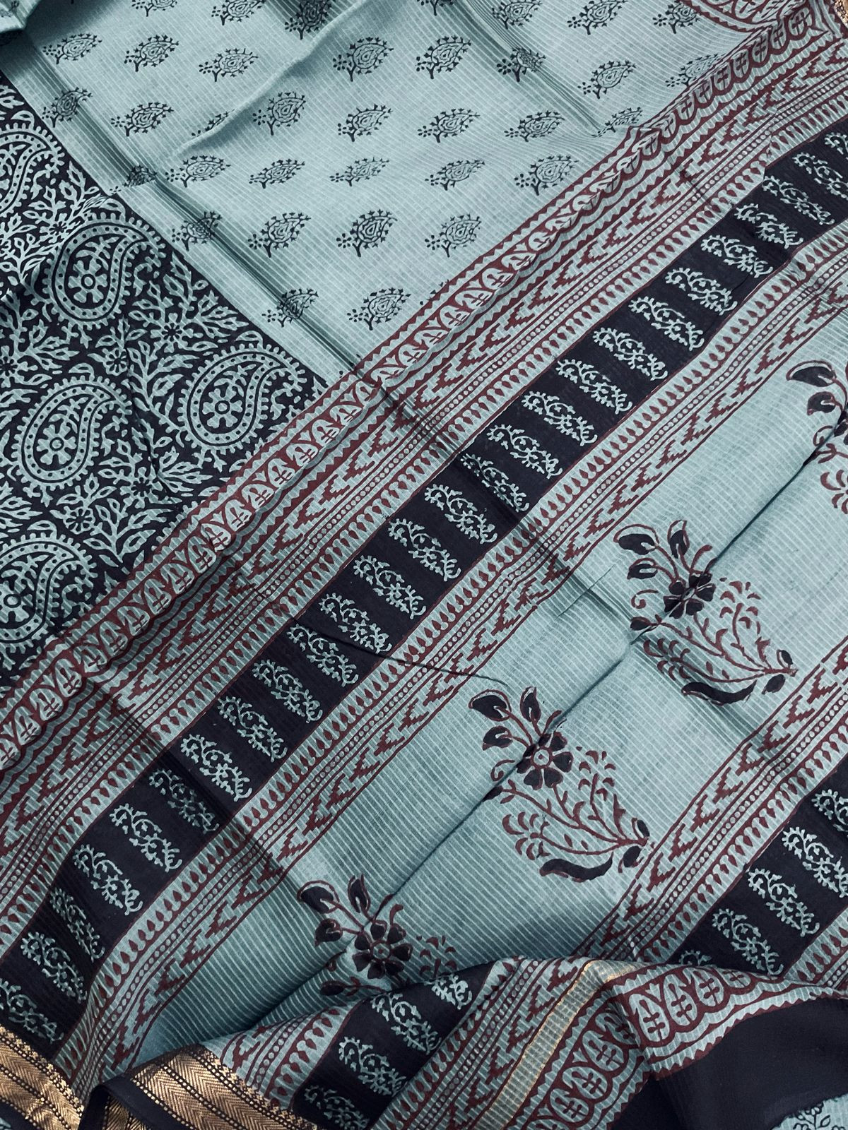 Pure Maheshwari Self Weaved Bagh Printed Suit - Grey