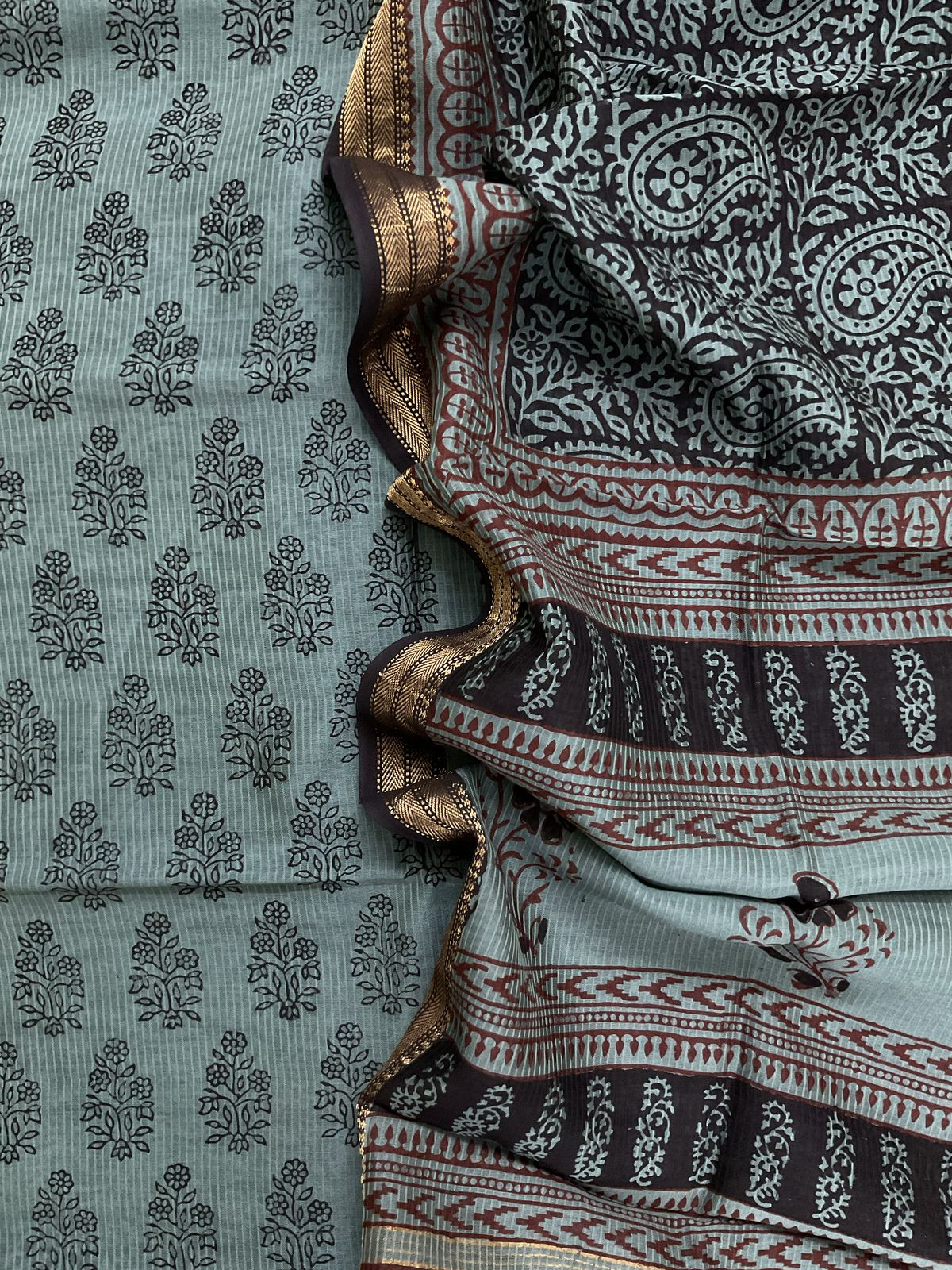 Pure Maheshwari Self Weaved Bagh Printed Suit - Grey