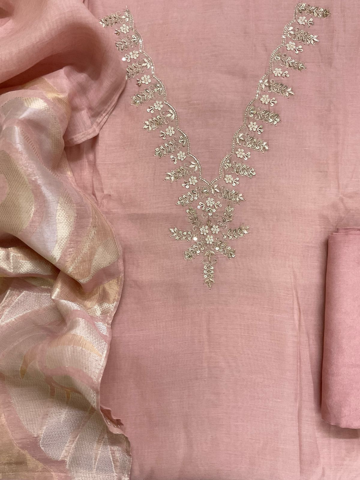 Soft Fine Chanderi Embroidered Jamdani Suit - Peachish Pink