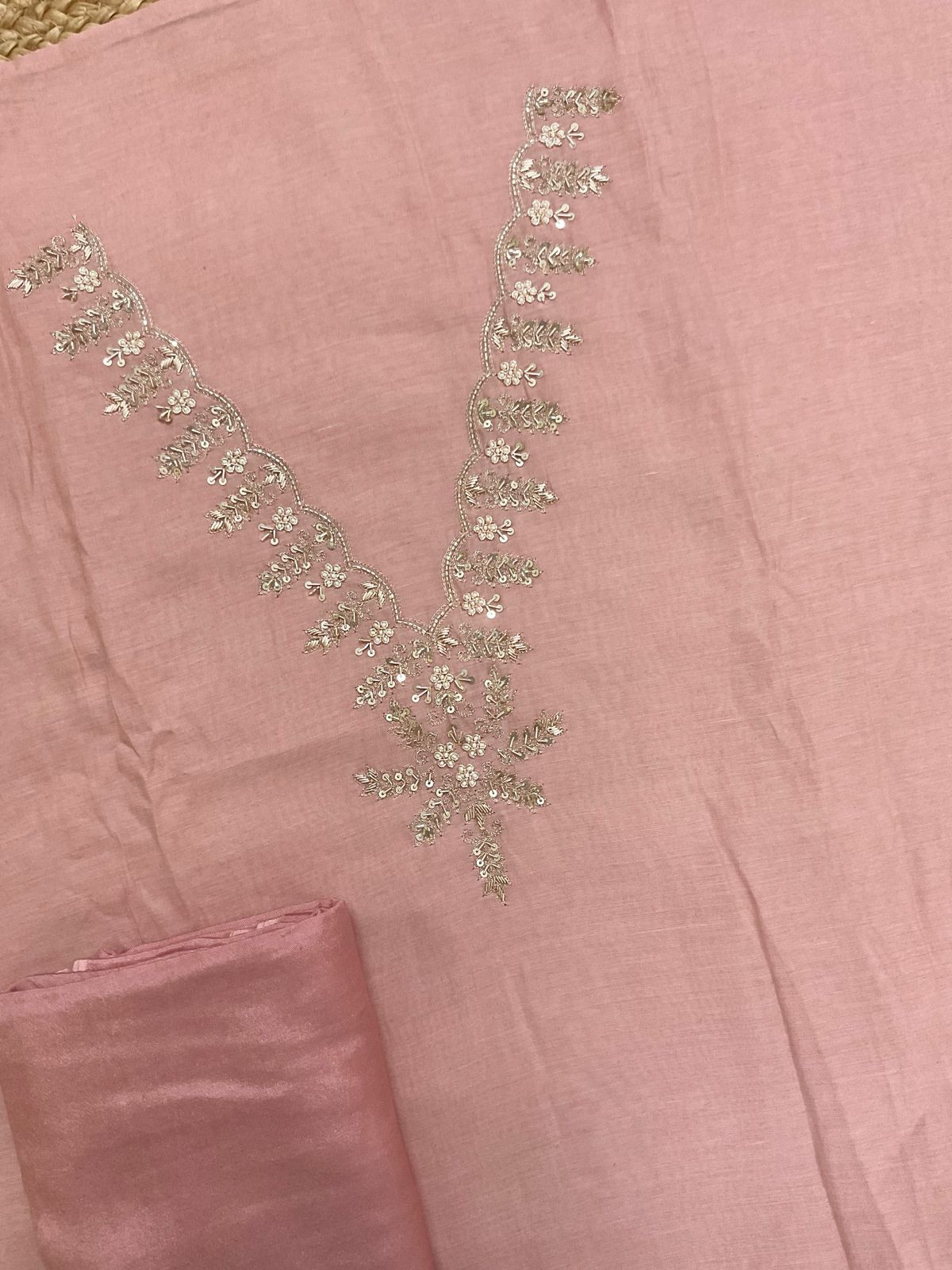 Soft Fine Chanderi Embroidered Jamdani Suit - Peachish Pink