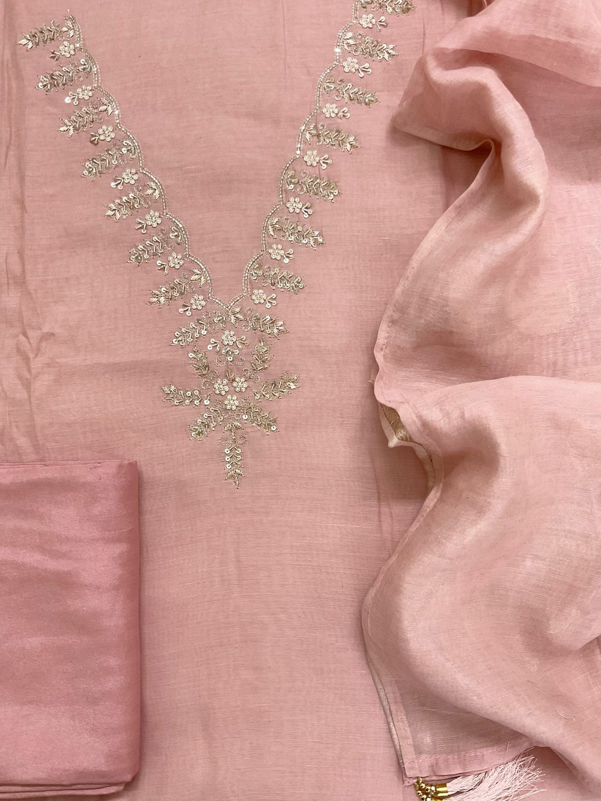 Soft Fine Chanderi Embroidered Jamdani Suit - Peachish Pink