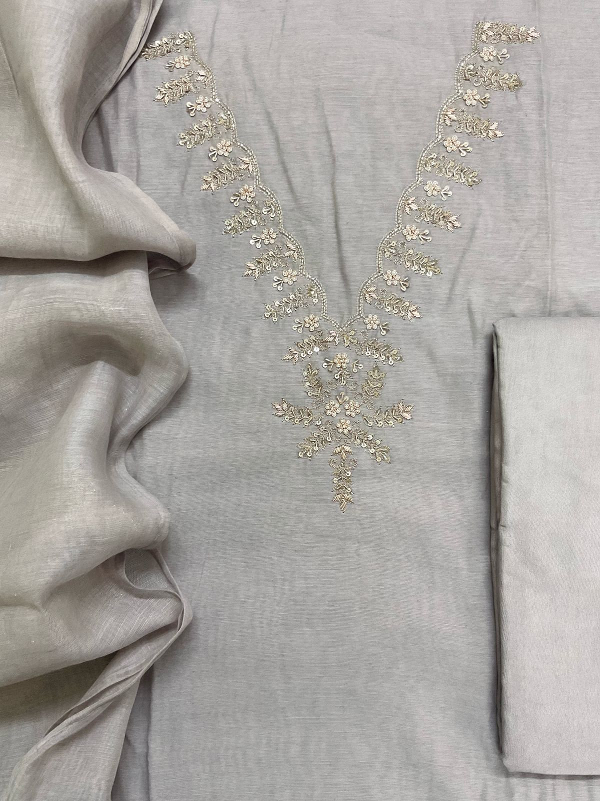 Soft Fine Chanderi Embroidered Jamdani Suit - Grey