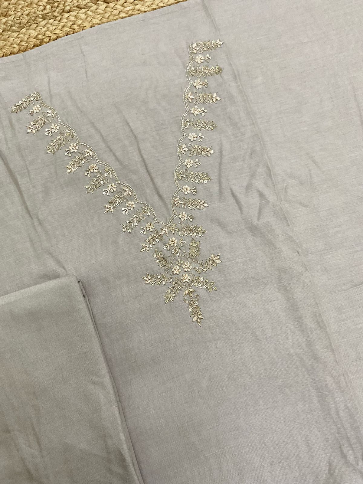 Soft Fine Chanderi Embroidered Jamdani Suit - Grey