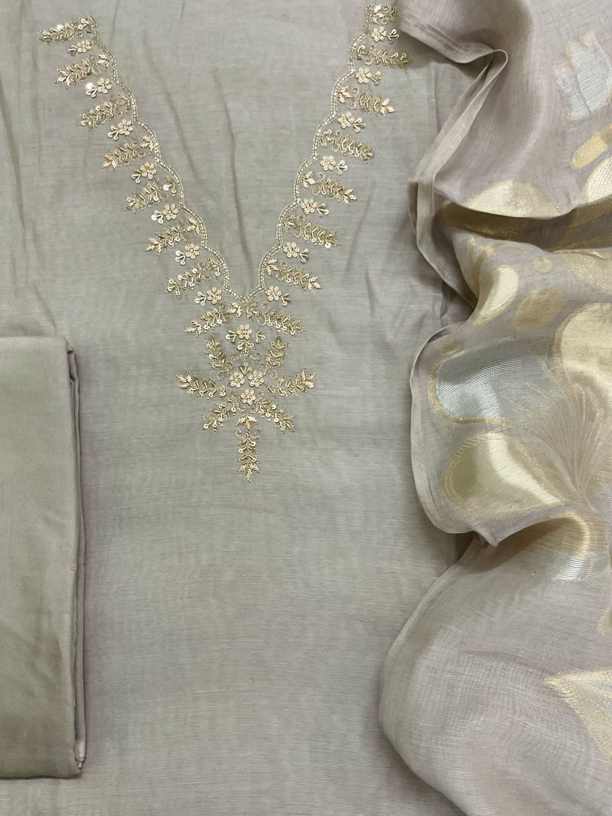 Soft Fine Chanderi Embroidered Jamdani Suit - Grey