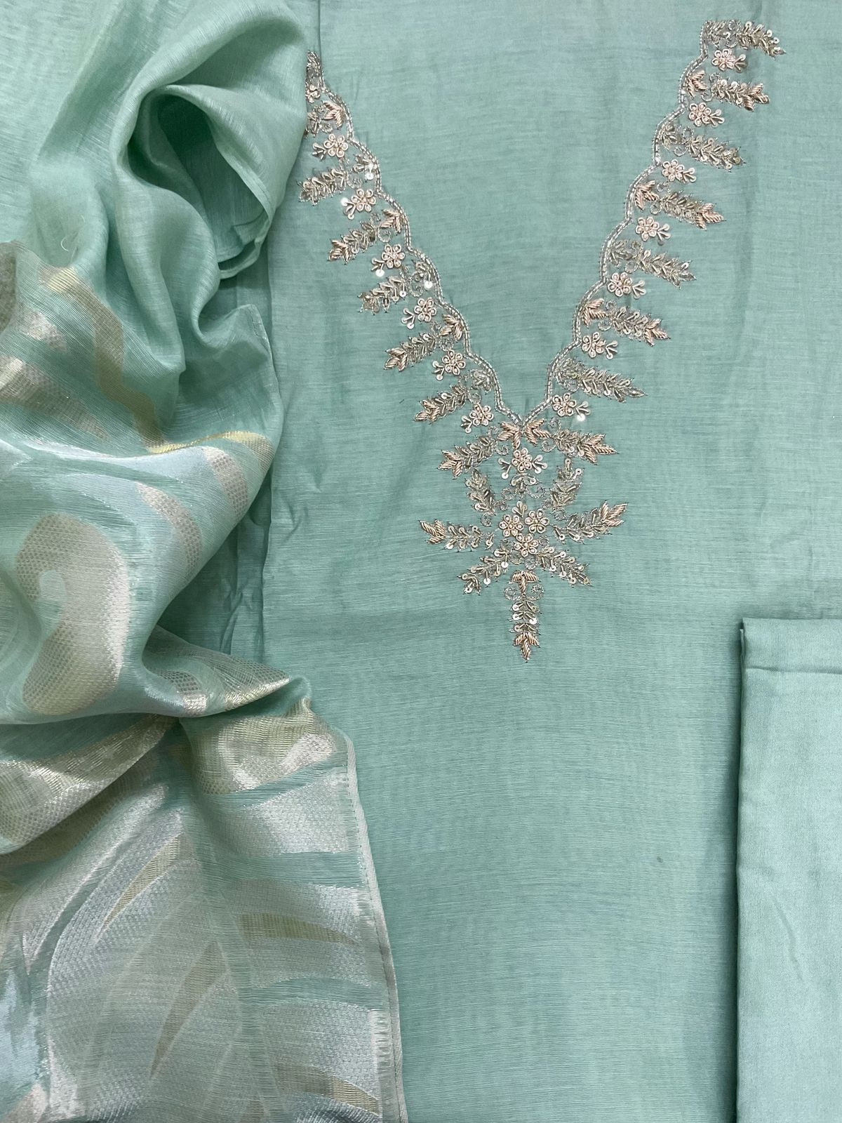 Soft Fine Chanderi Embroidered Jamdani Suit - Green