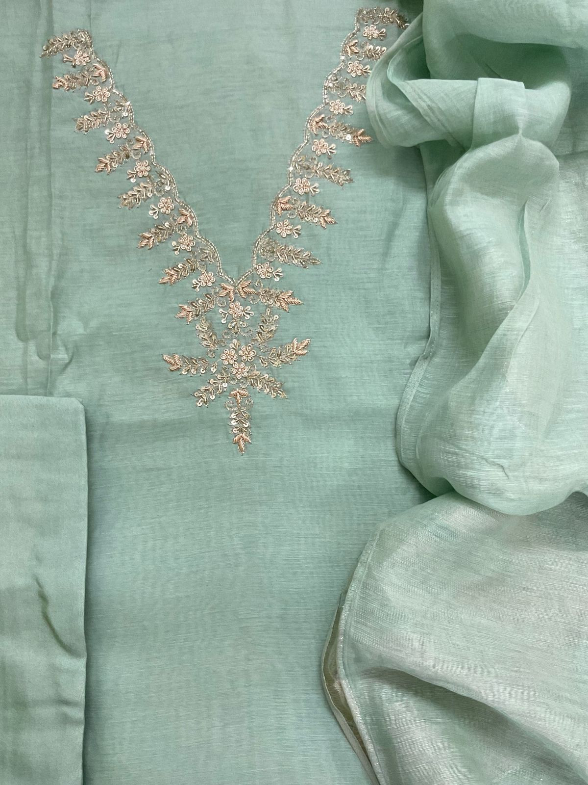 Soft Fine Chanderi Embroidered Jamdani Suit - Green