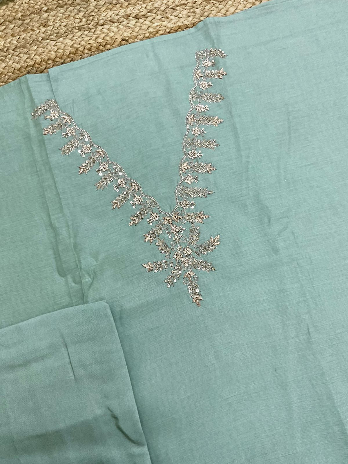 Soft Fine Chanderi Embroidered Jamdani Suit - Green