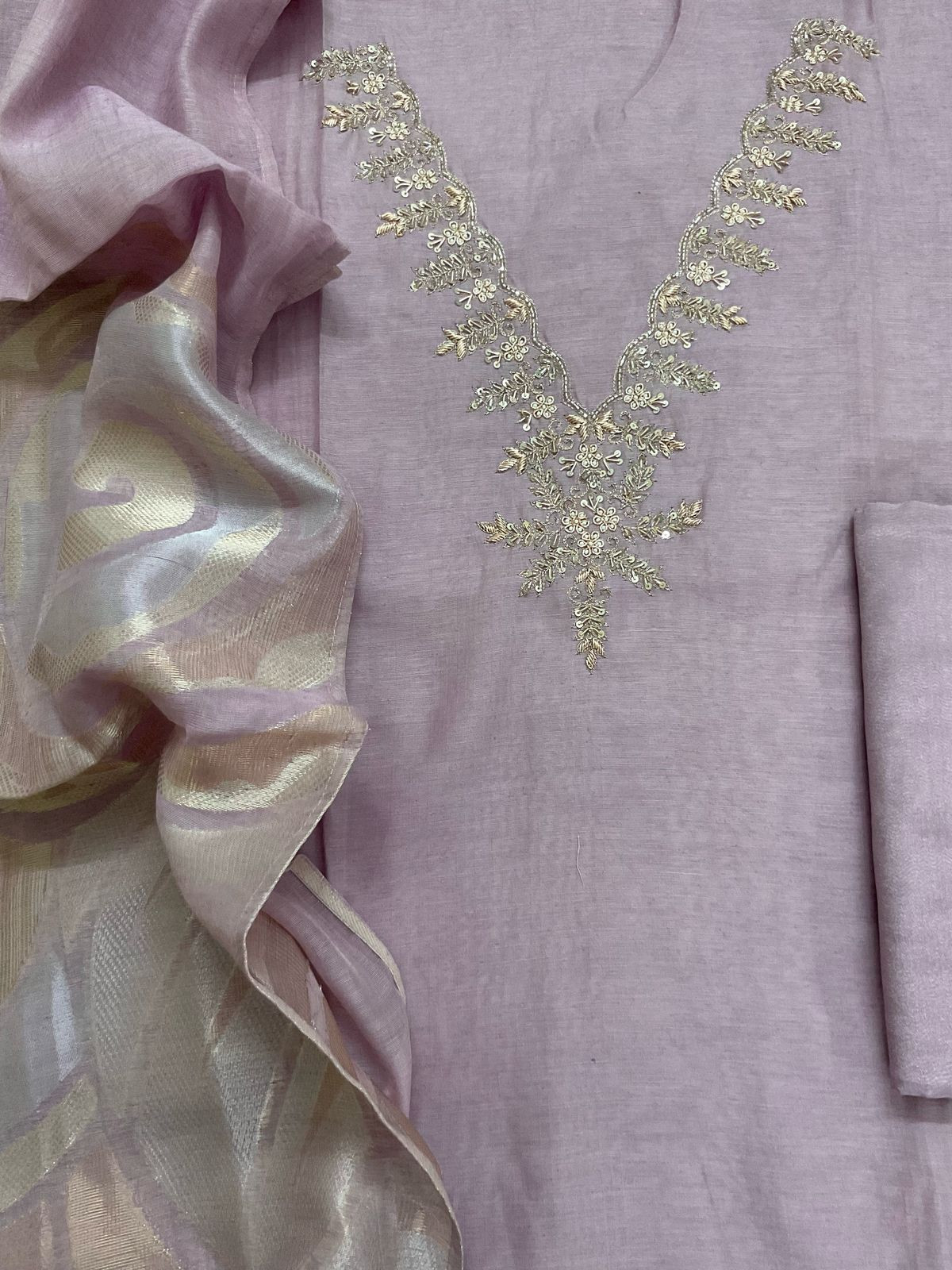 Soft Fine Chanderi Embroidered Jamdani Suit - Lavender