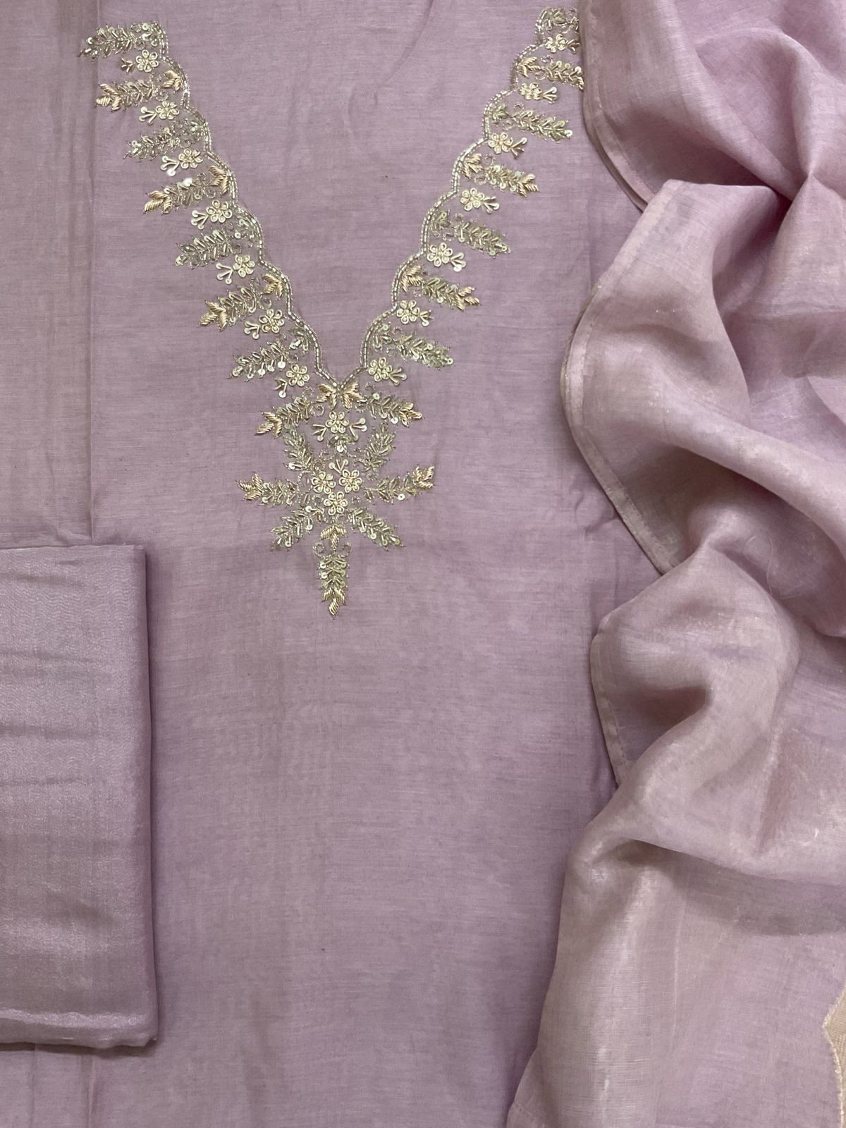 Soft Fine Chanderi Embroidered Jamdani Suit - Lavender