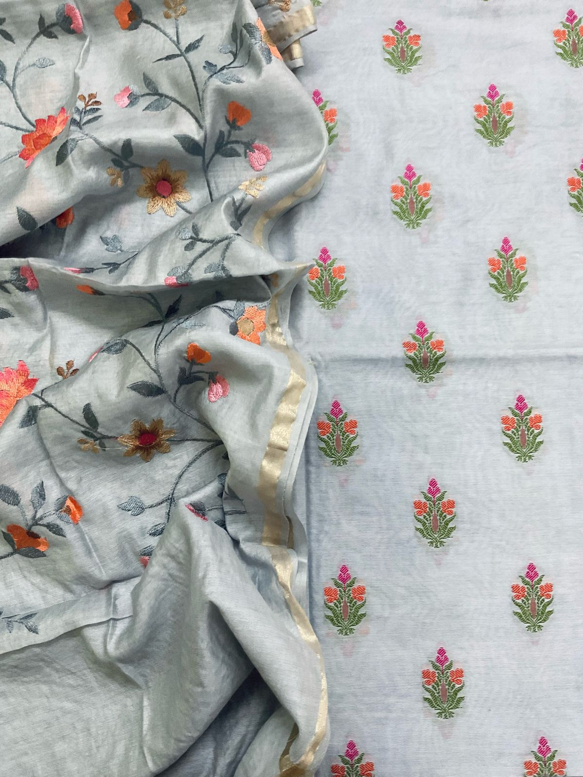 Pure Chanderi Banarasi Weaved Embroidered Suit - Grey