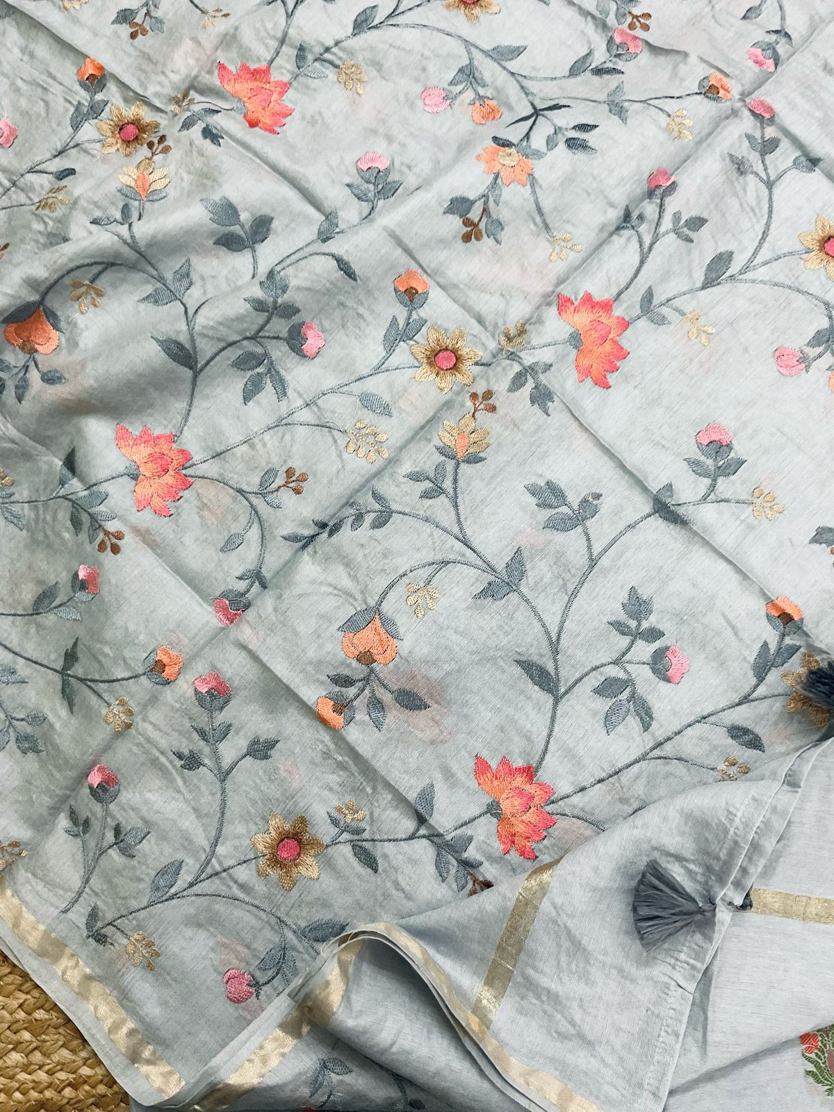 Pure Chanderi Banarasi Weaved Embroidered Suit - Grey