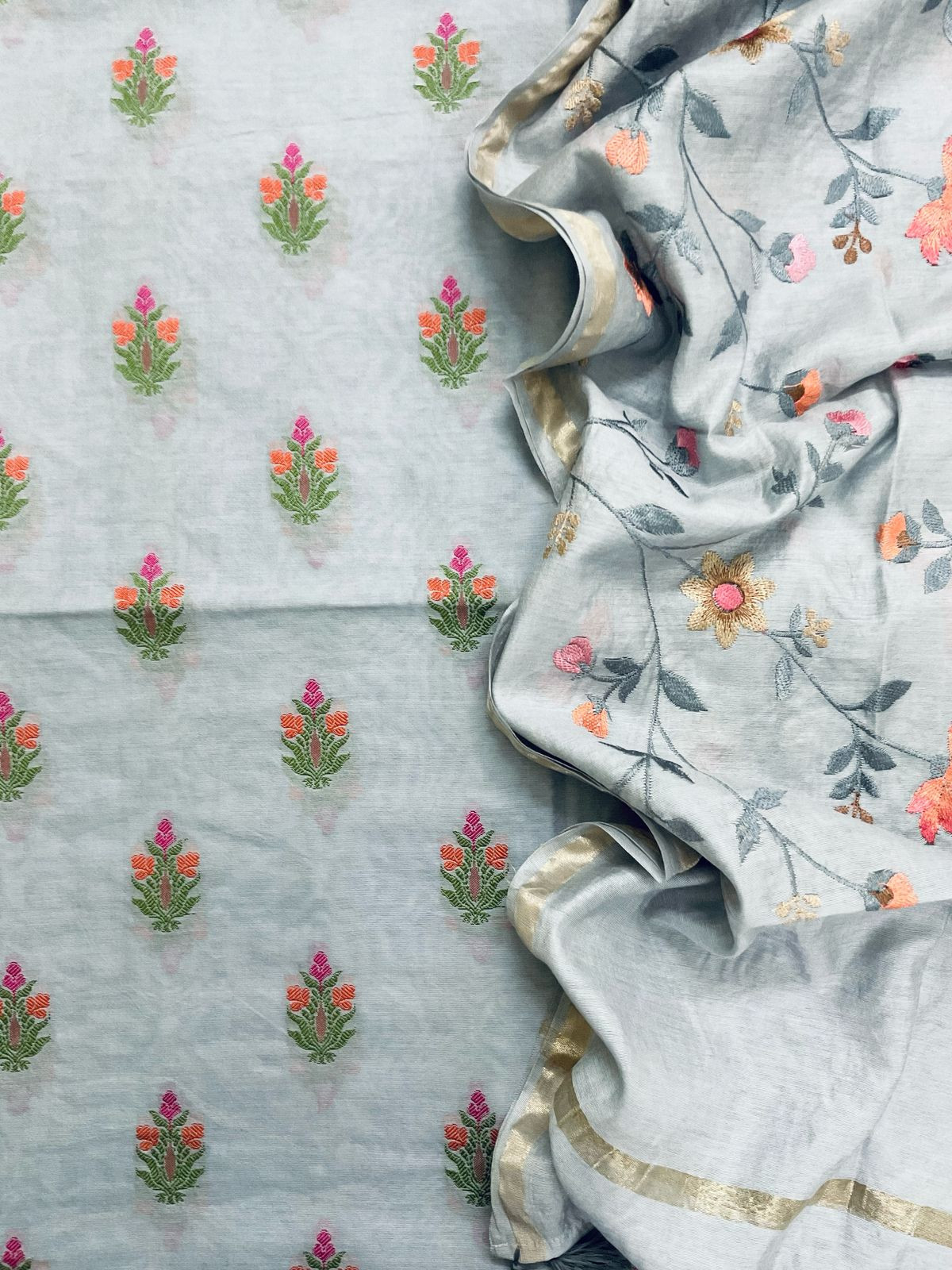 Pure Chanderi Banarasi Weaved Embroidered Suit - Grey