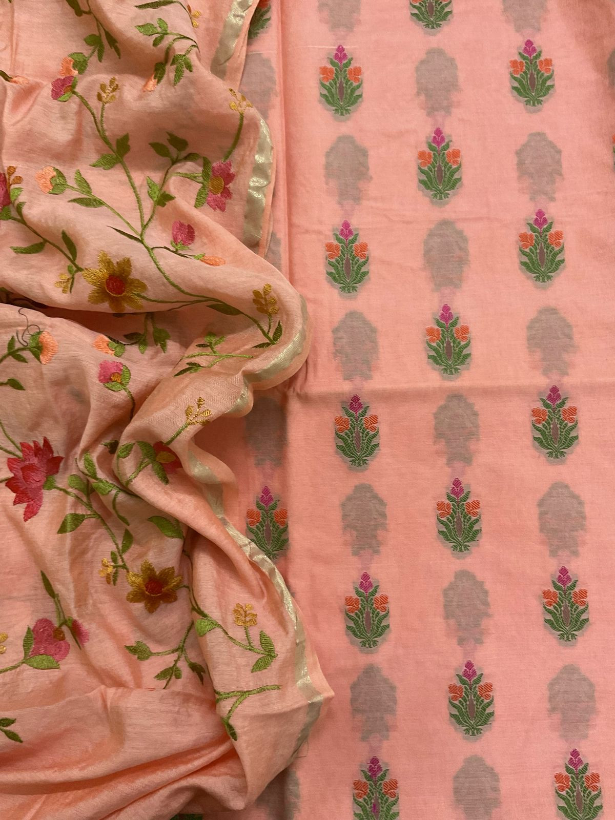 Pure Chanderi Banarasi Weaved Embroidered Suit - Peach