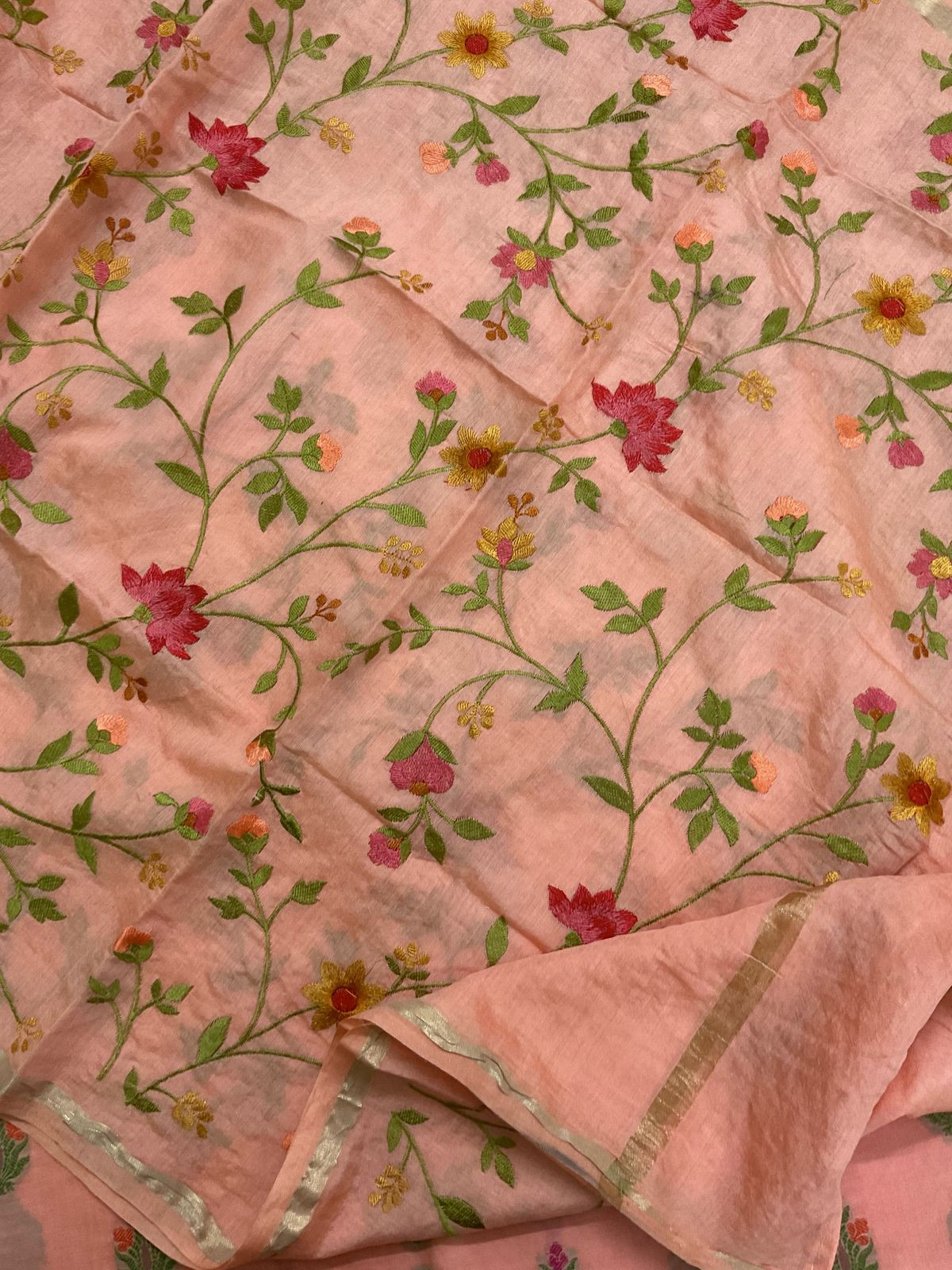 Pure Chanderi Banarasi Weaved Embroidered Suit - Peach