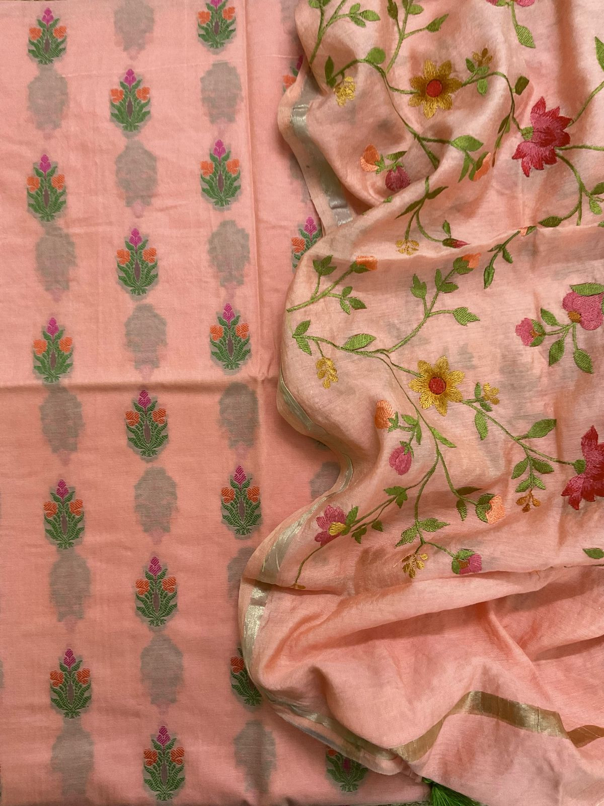 Pure Chanderi Banarasi Weaved Embroidered Suit - Peach