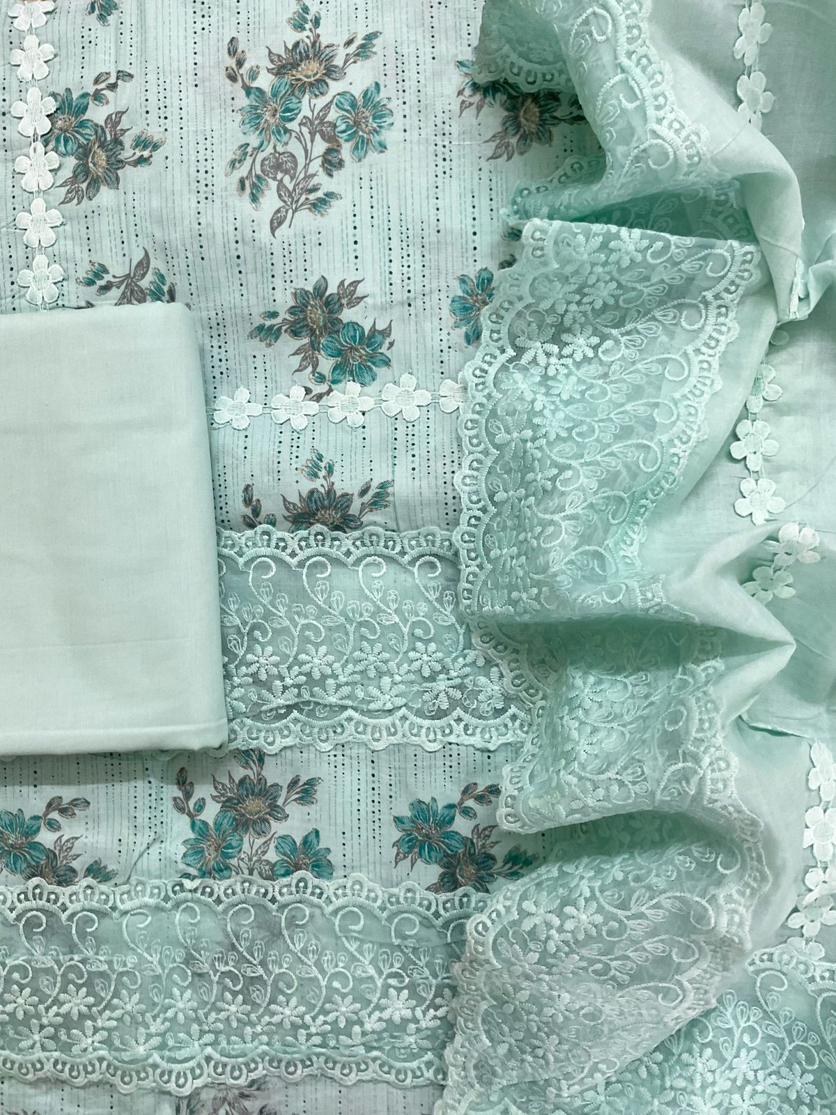 Pure Cotton Printed Embroidered Suit - Blue