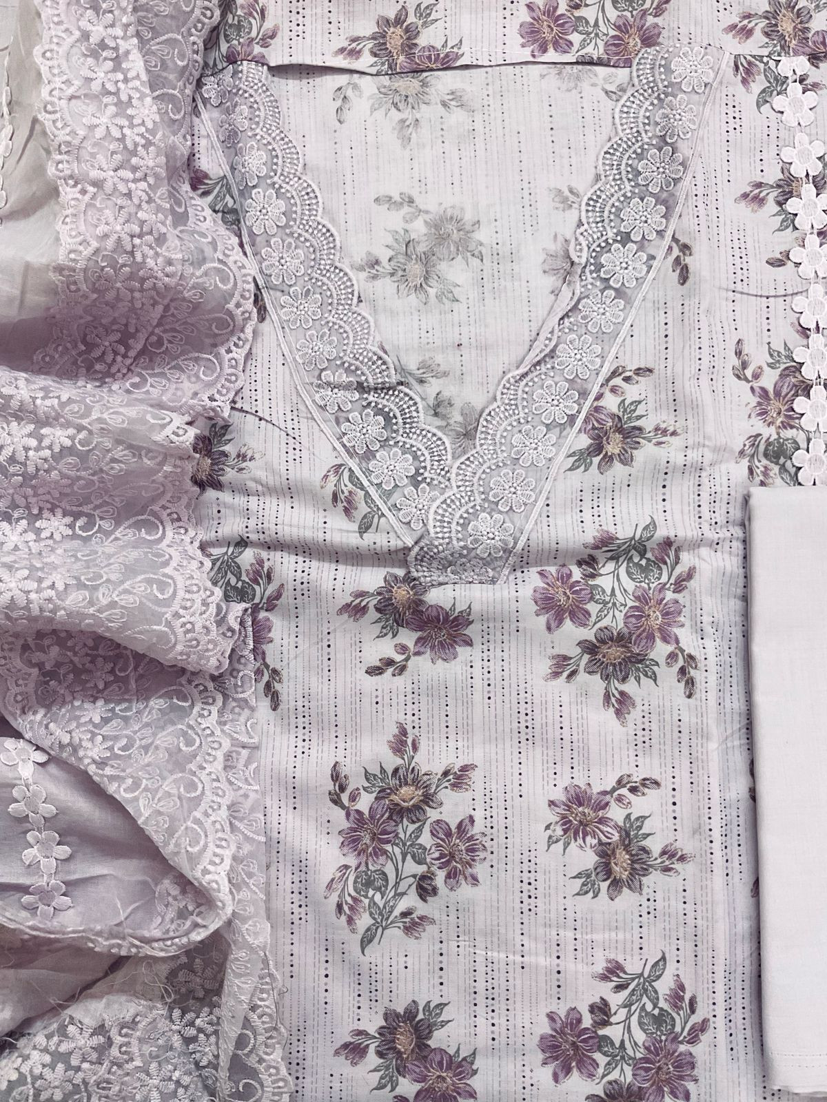 Pure Cotton Printed Embroidered Suit - Lavender