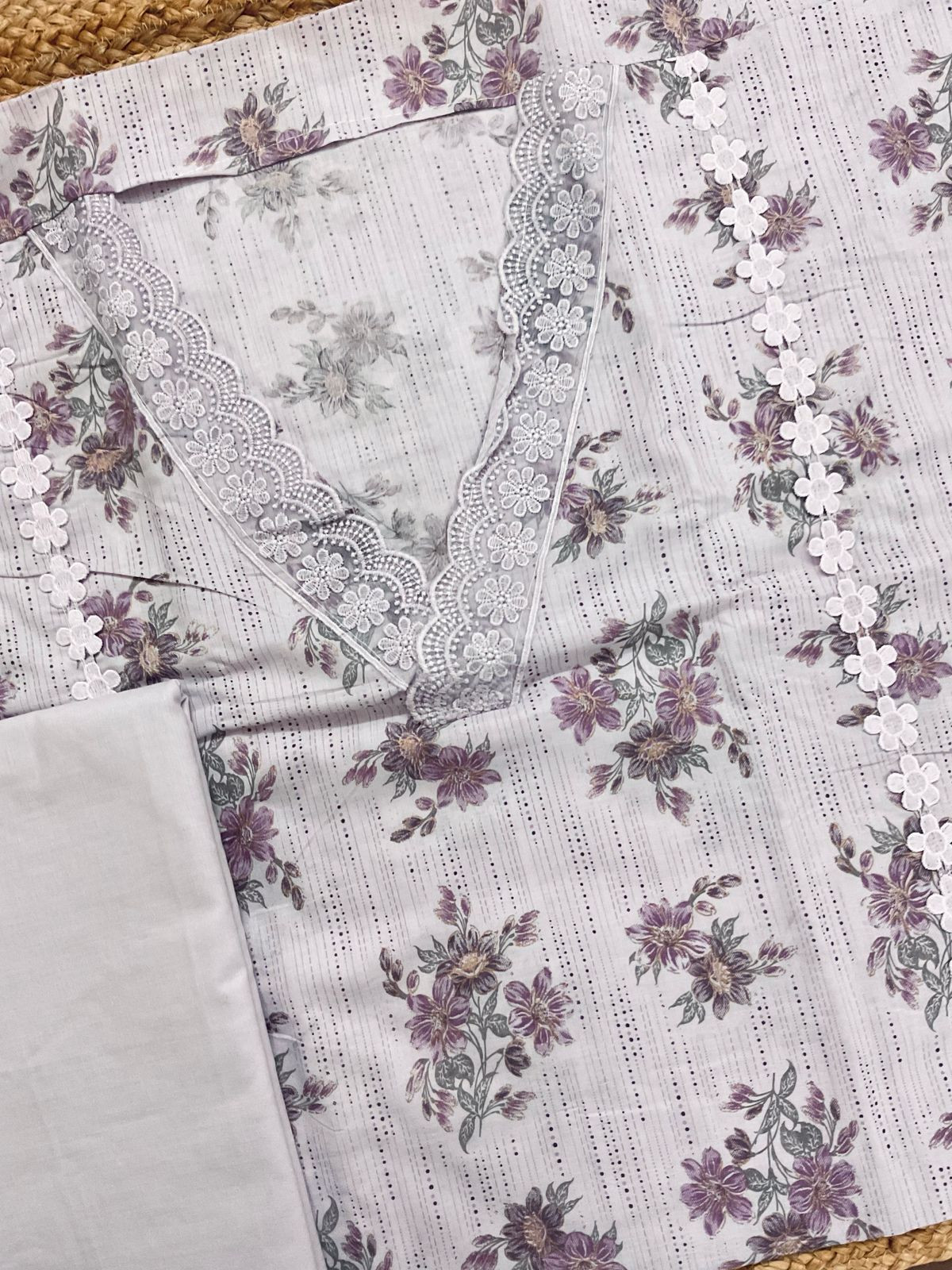 Pure Cotton Printed Embroidered Suit - Lavender