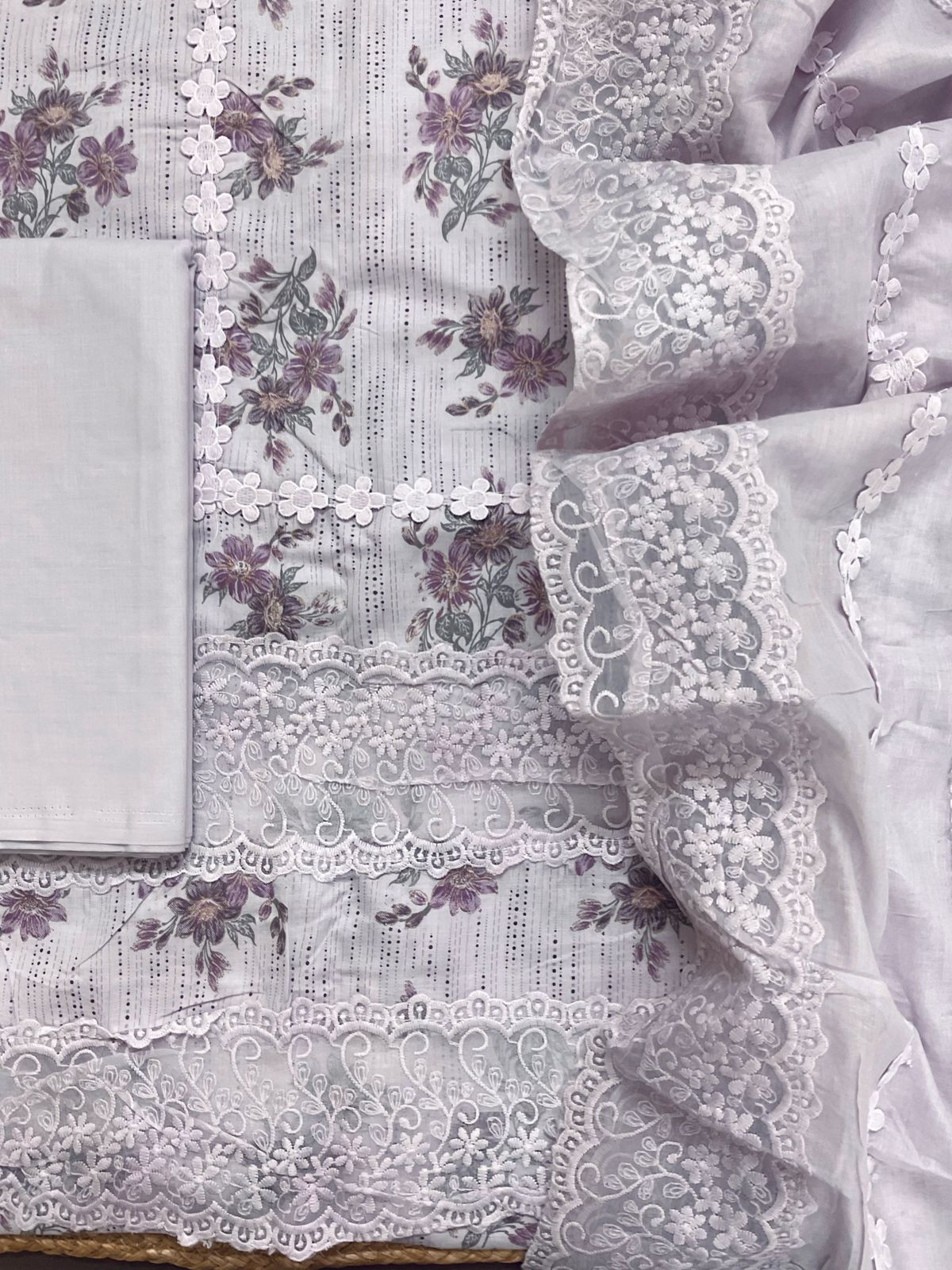 Pure Cotton Printed Embroidered Suit - Lavender