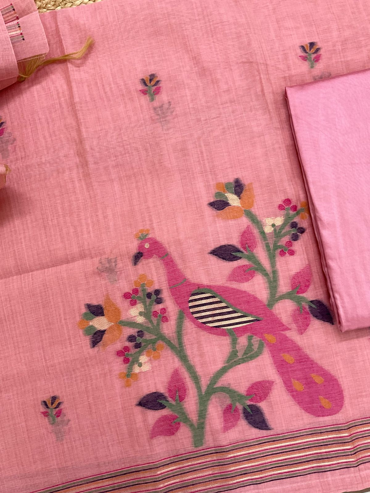 Soft Slub Chanderi Jamdani Weaved Suit - Pink