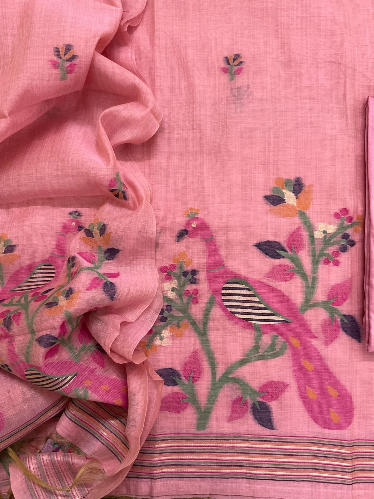 Soft Slub Chanderi Jamdani Weaved Suit - Pink