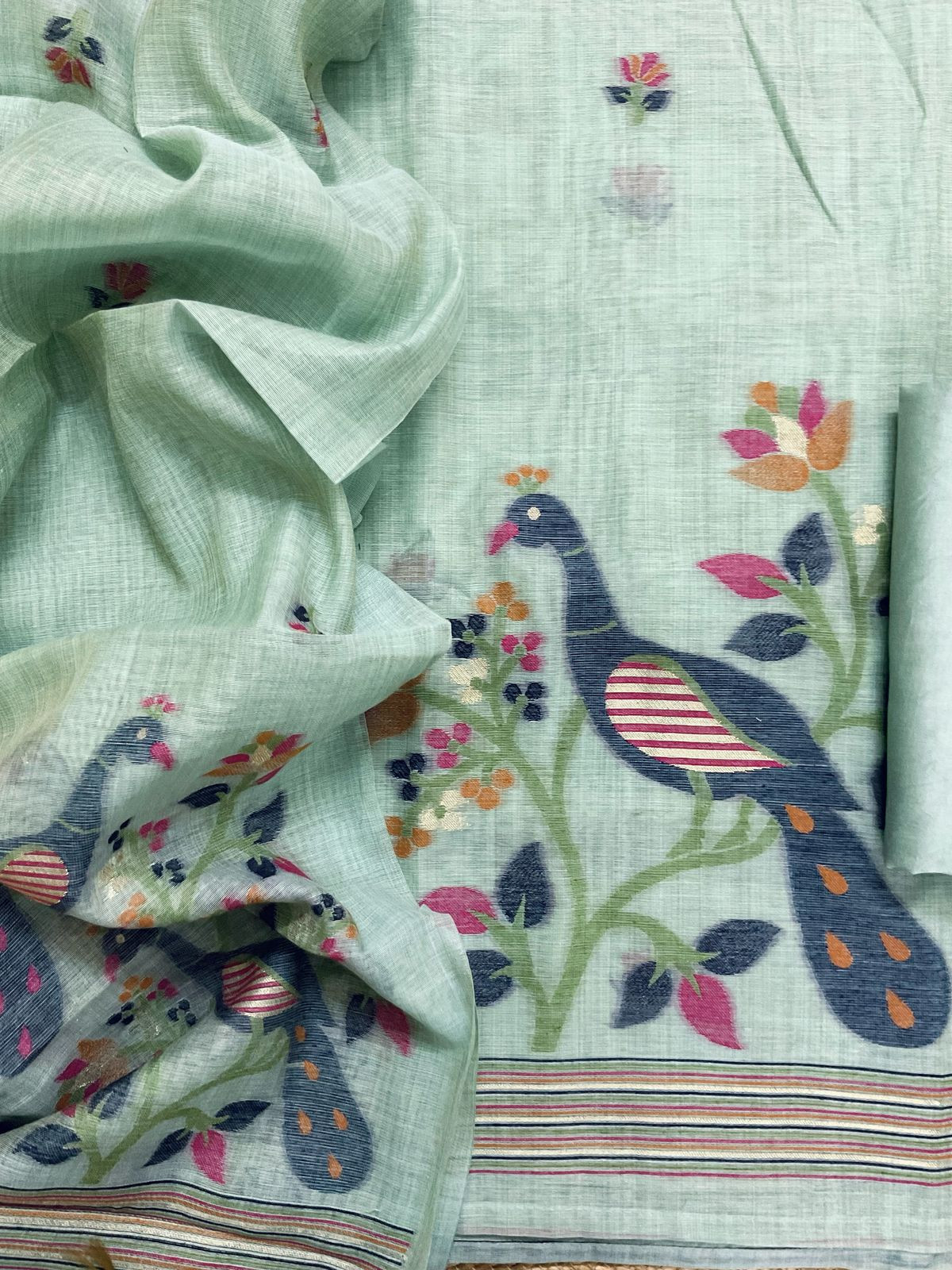 Soft Slub Chanderi Jamdani Weaved Suit - Blue