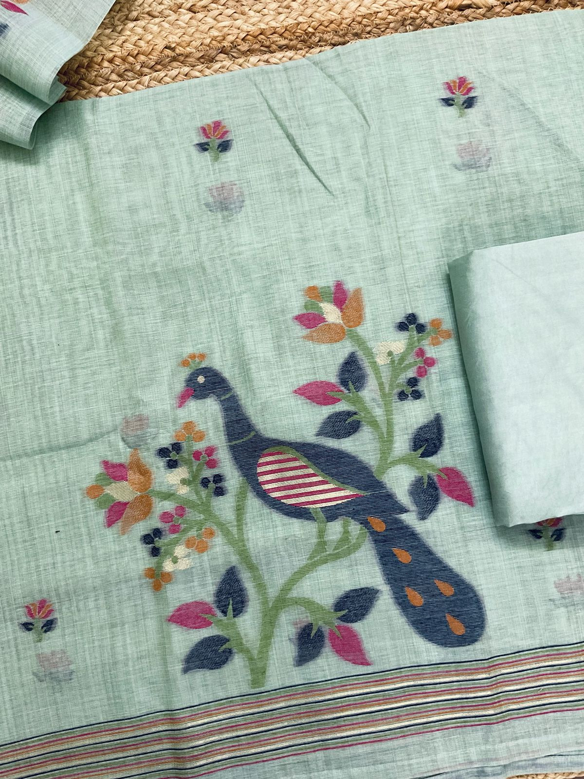 Soft Slub Chanderi Jamdani Weaved Suit - Blue