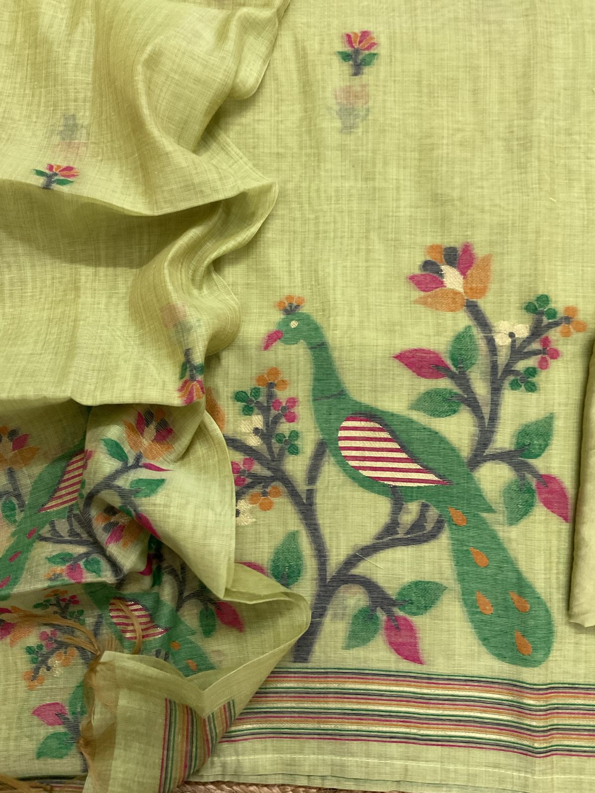 Soft Slub Chanderi Jamdani Weaved Suit - Green