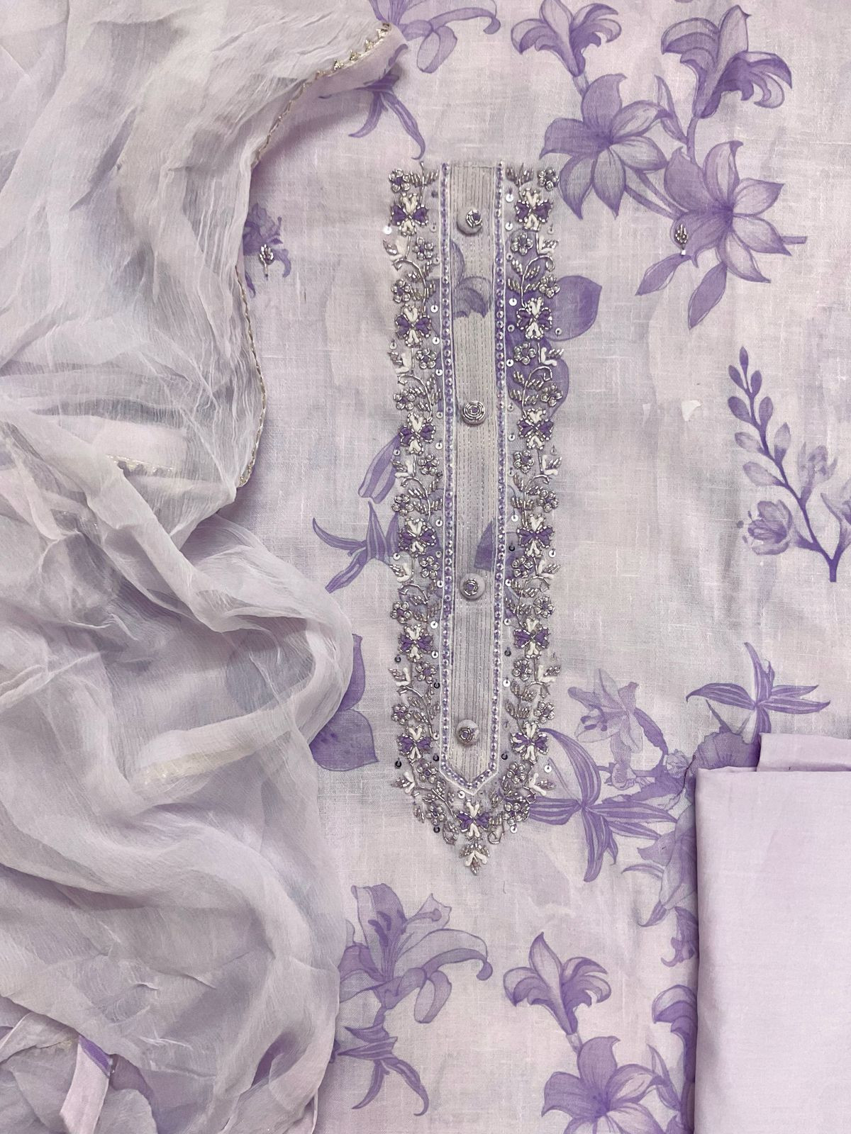 Soft Slub Rayon Cotton Printed Embroidered Suit - Lavender