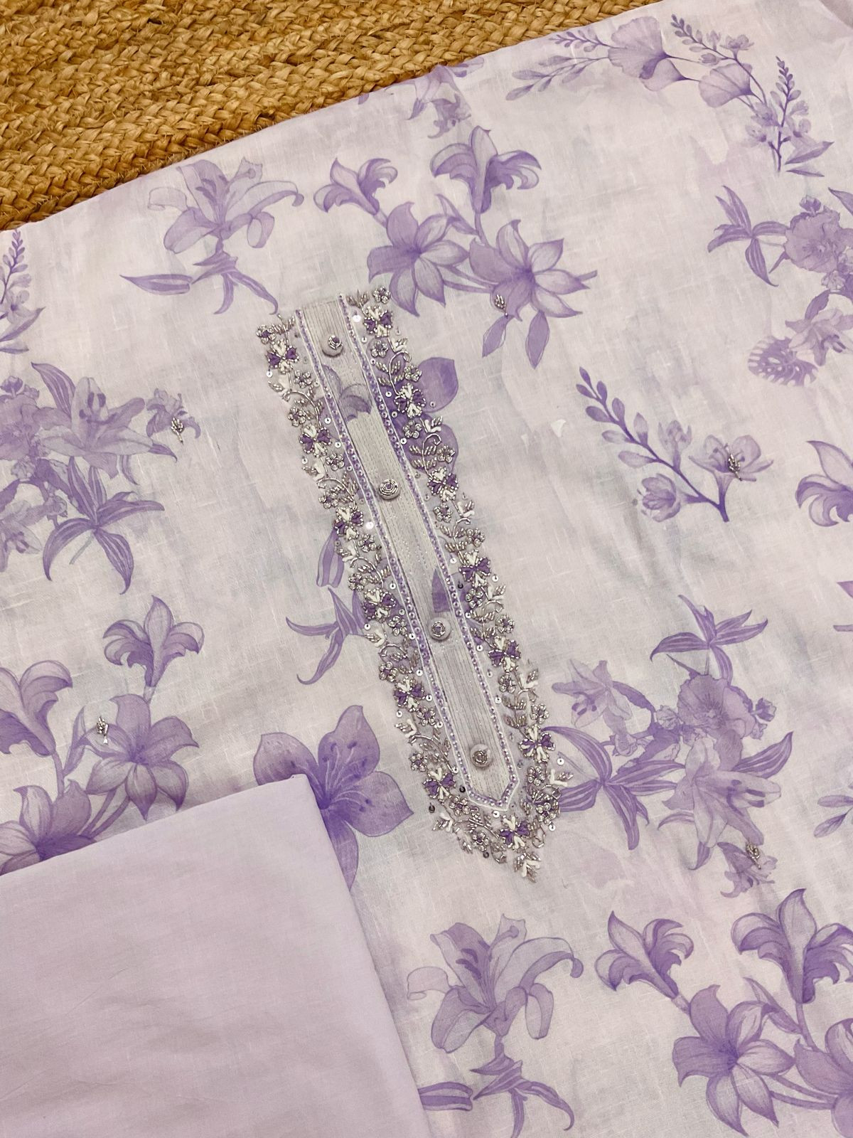 Soft Slub Rayon Cotton Printed Embroidered Suit - Lavender