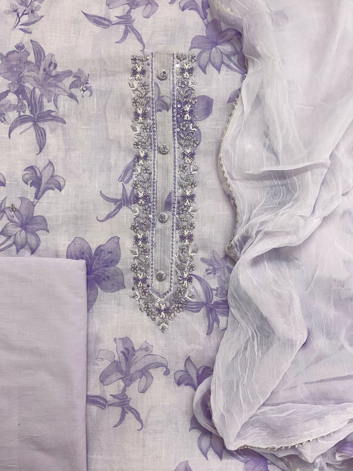 Soft Slub Rayon Cotton Printed Embroidered Suit - Lavender