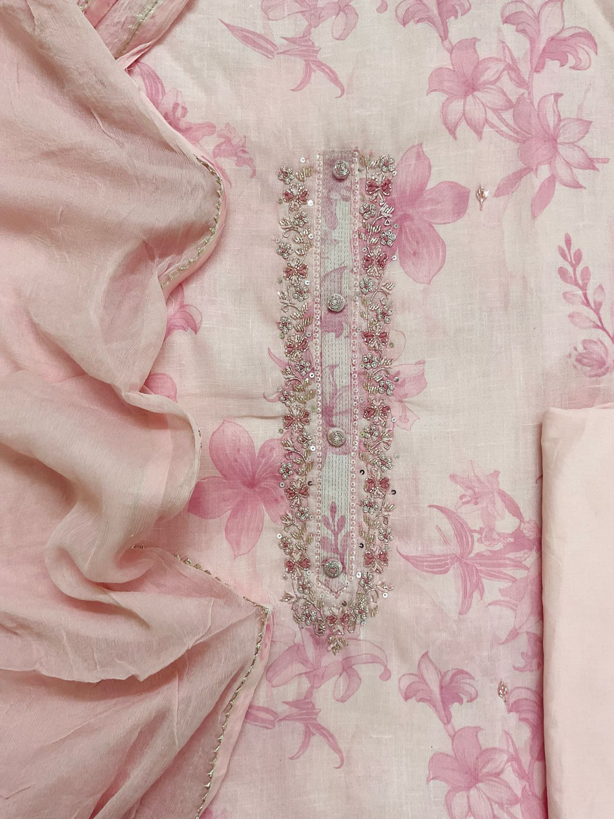 Soft Slub Rayon Cotton Printed Embroidered Suit - Pink