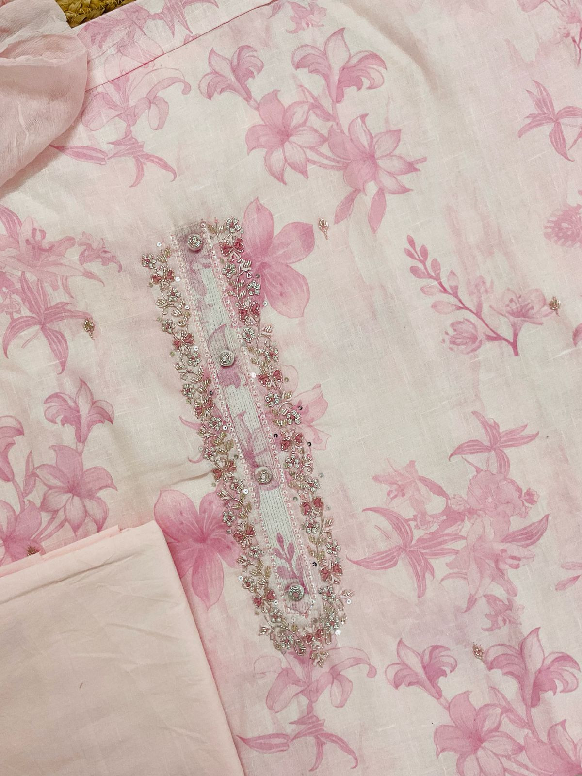 Soft Slub Rayon Cotton Printed Embroidered Suit - Pink