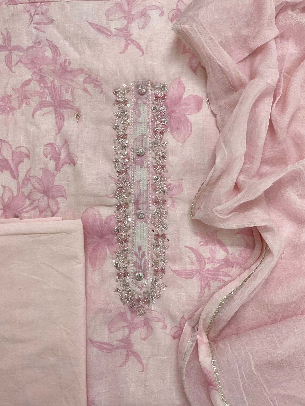 Soft Slub Rayon Cotton Printed Embroidered Suit - Pink