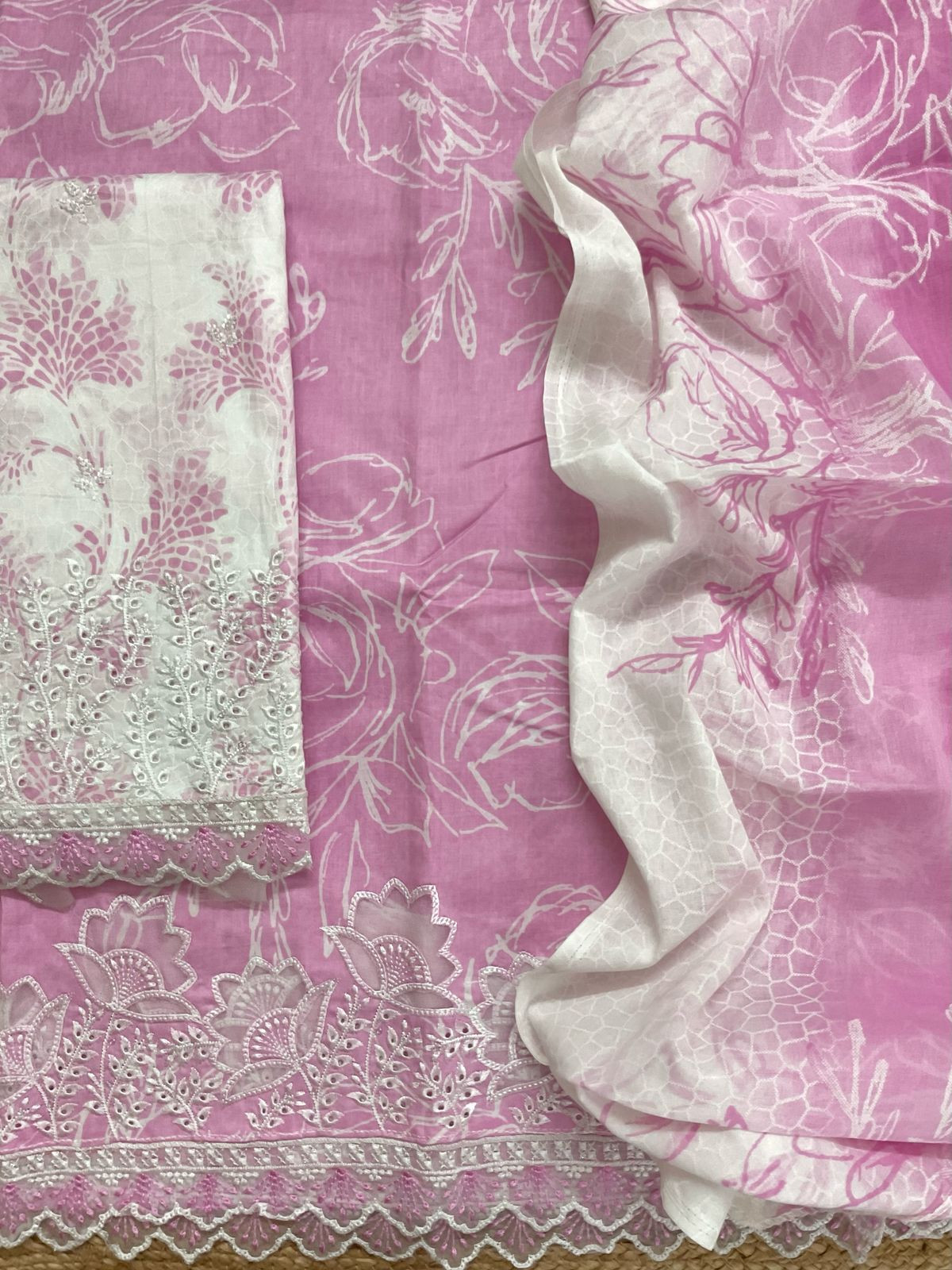 Pure Cotton Printed Embroidered Suit - Pink