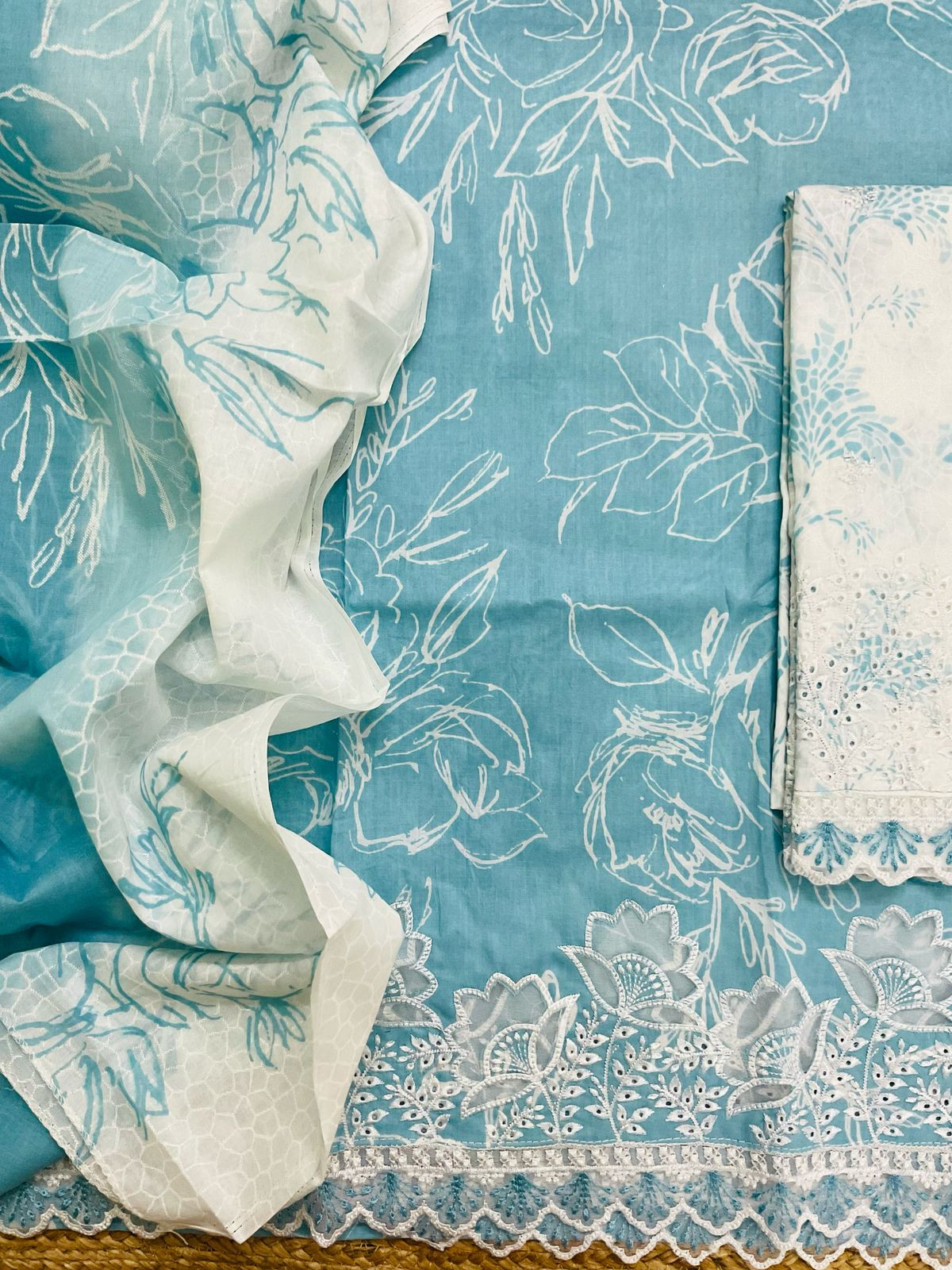 Pure Cotton Printed Embroidered Suit - Blue