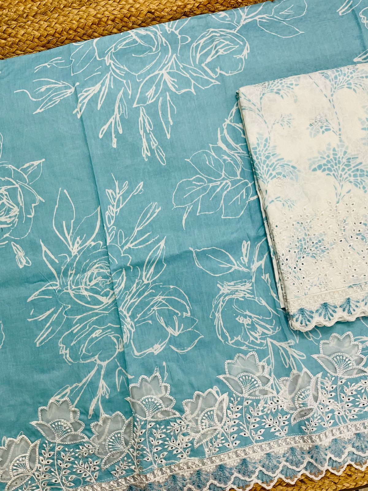 Pure Cotton Printed Embroidered Suit - Blue