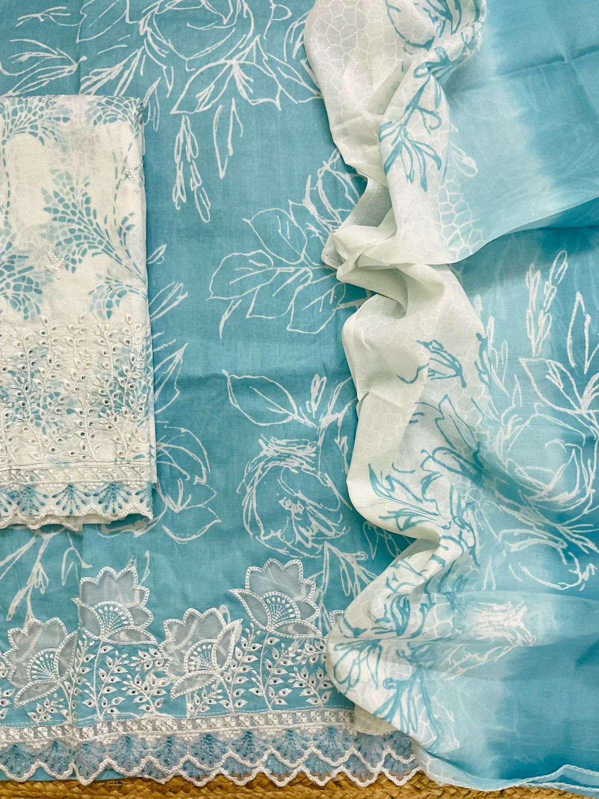 Pure Cotton Printed Embroidered Suit - Blue