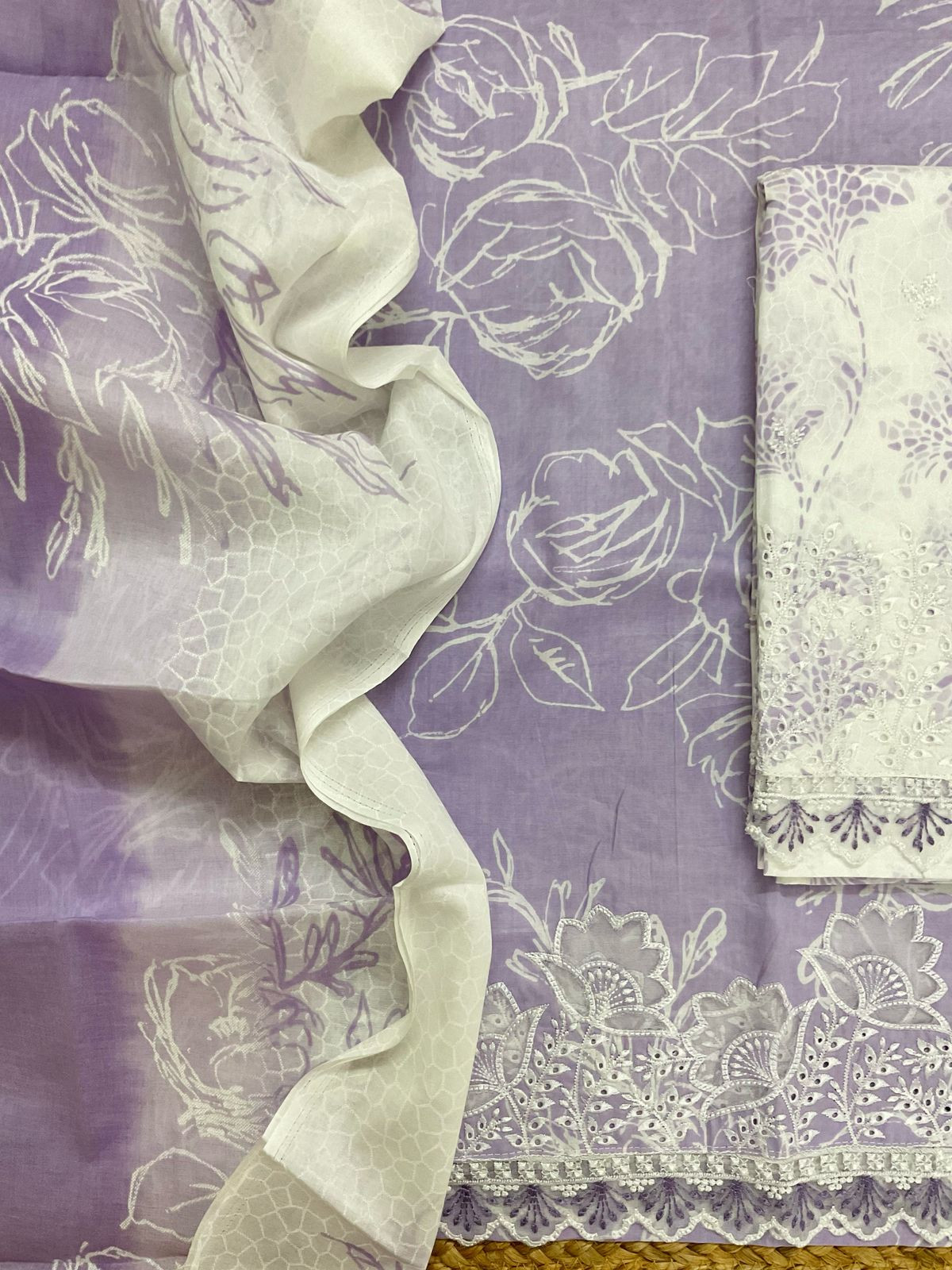 Pure Cotton Printed Embroidered Suit - Lavender