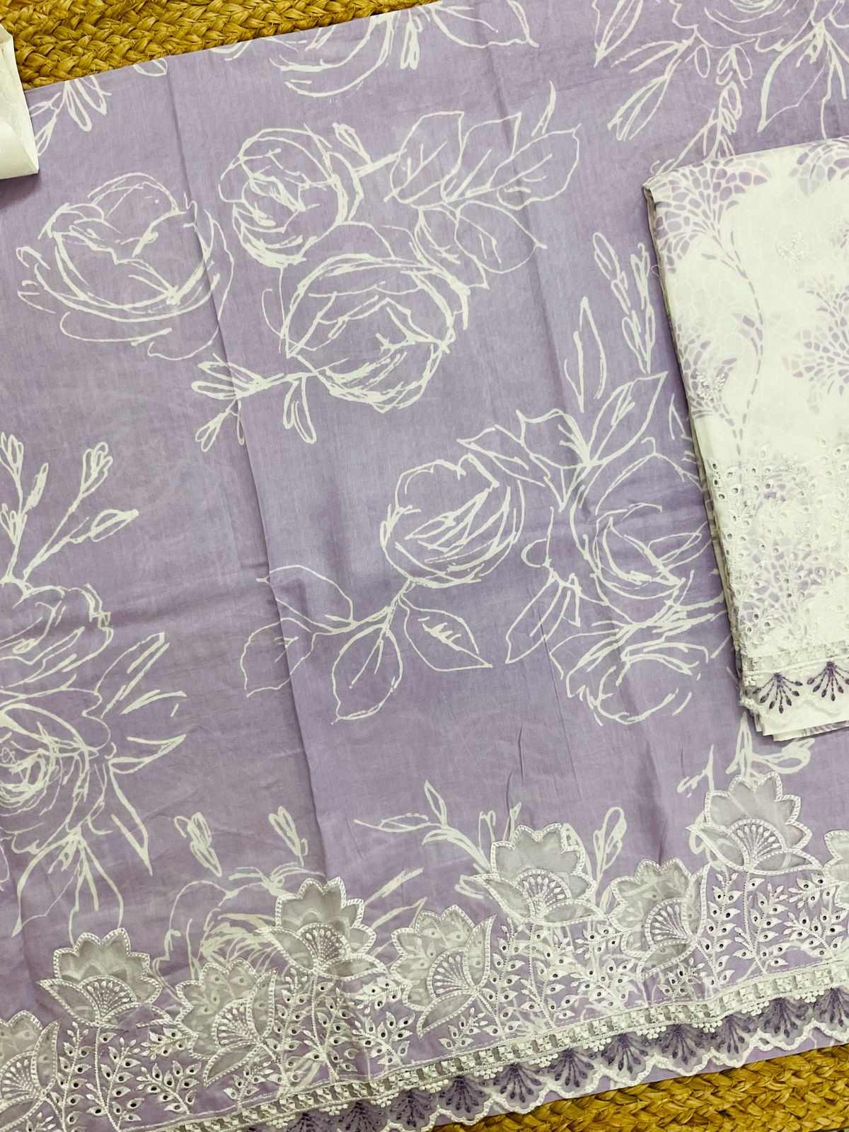 Pure Cotton Printed Embroidered Suit - Lavender