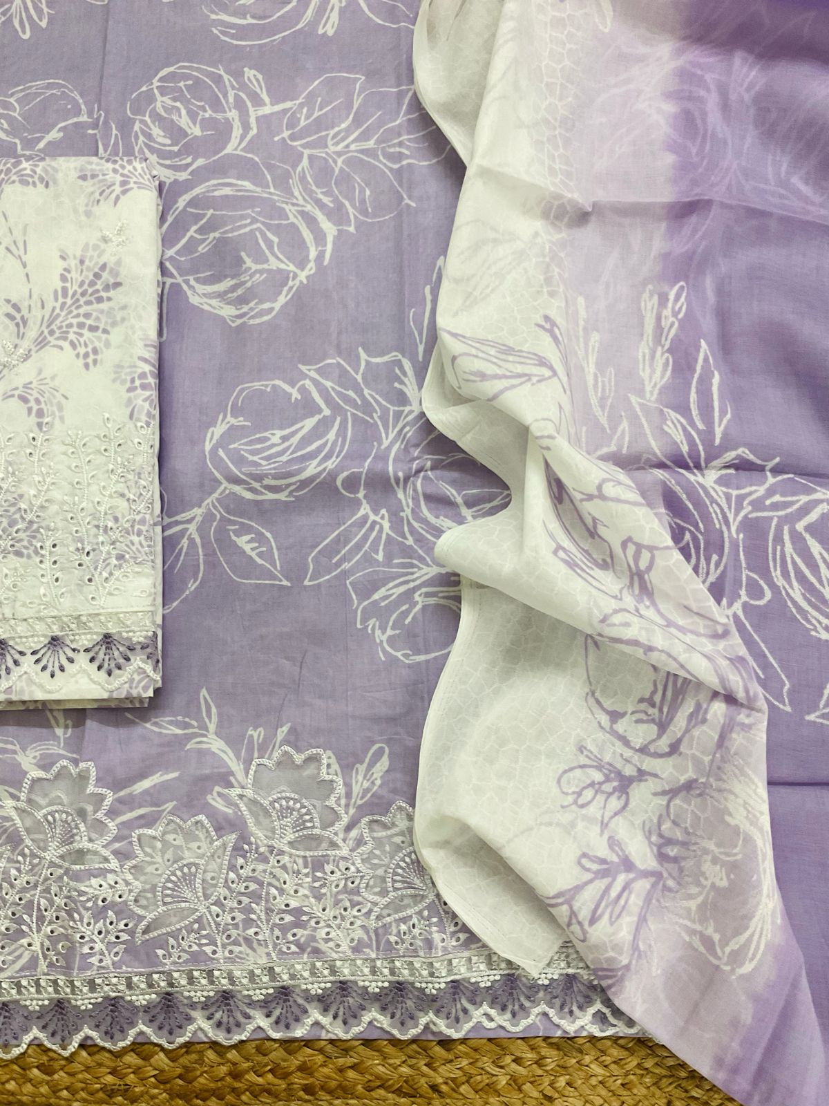 Pure Cotton Printed Embroidered Suit - Lavender