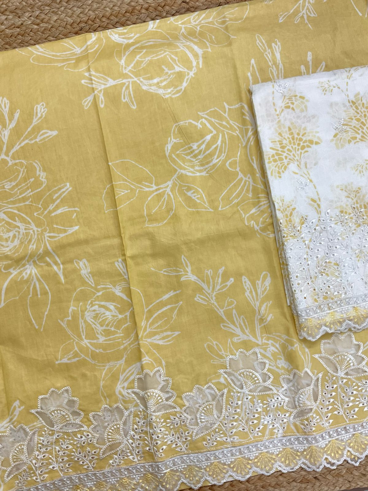 Pure Cotton Printed Embroidered Suit - Yellow