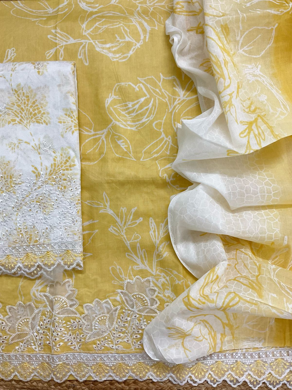 Pure Cotton Printed Embroidered Suit - Yellow