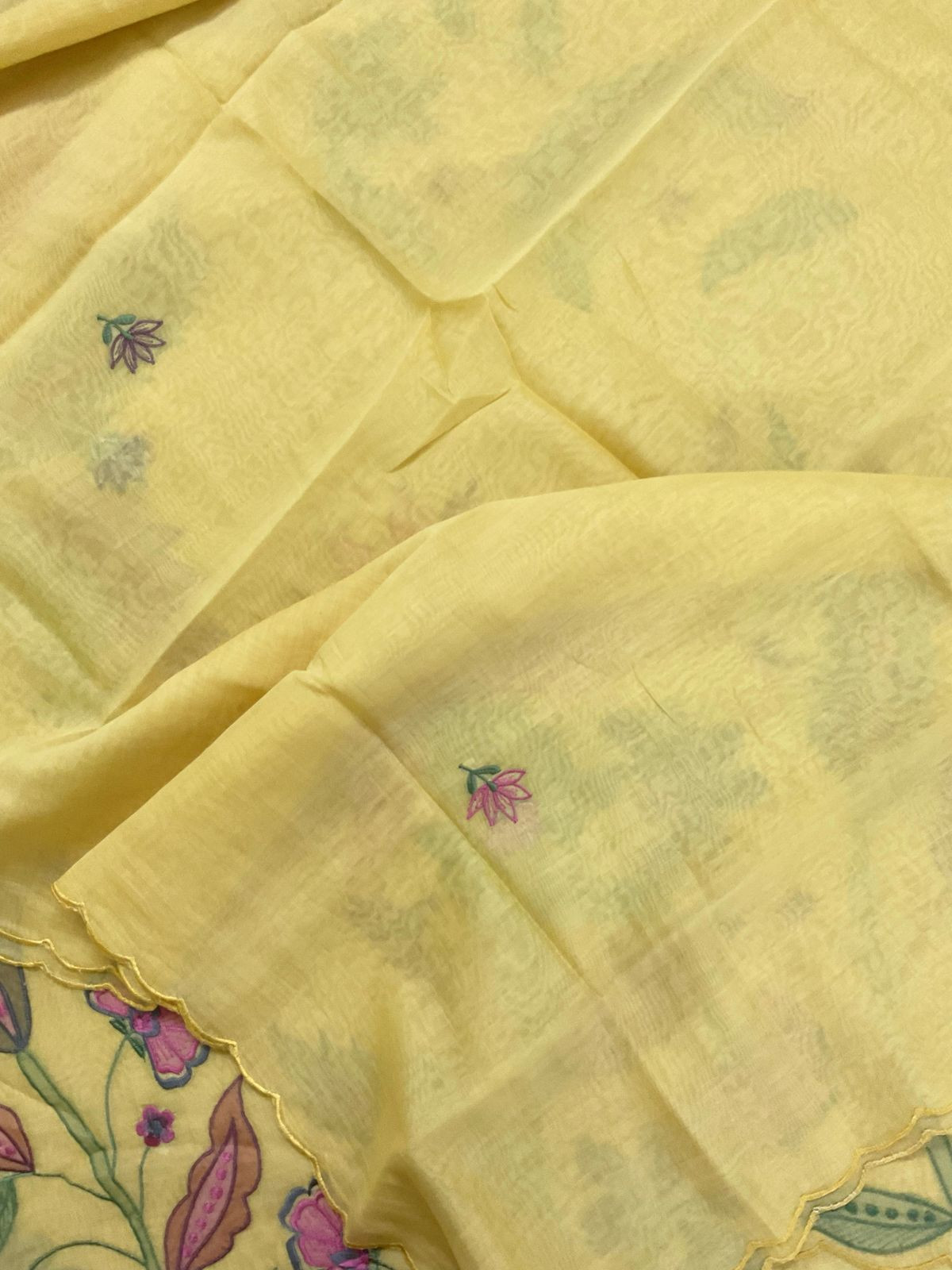 Pure Mul Chanderi Embroidered Suit - Yellow
