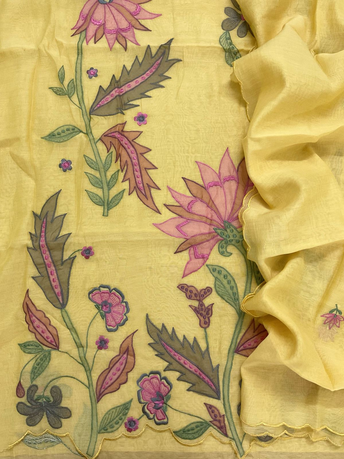 Pure Mul Chanderi Embroidered Suit - Yellow