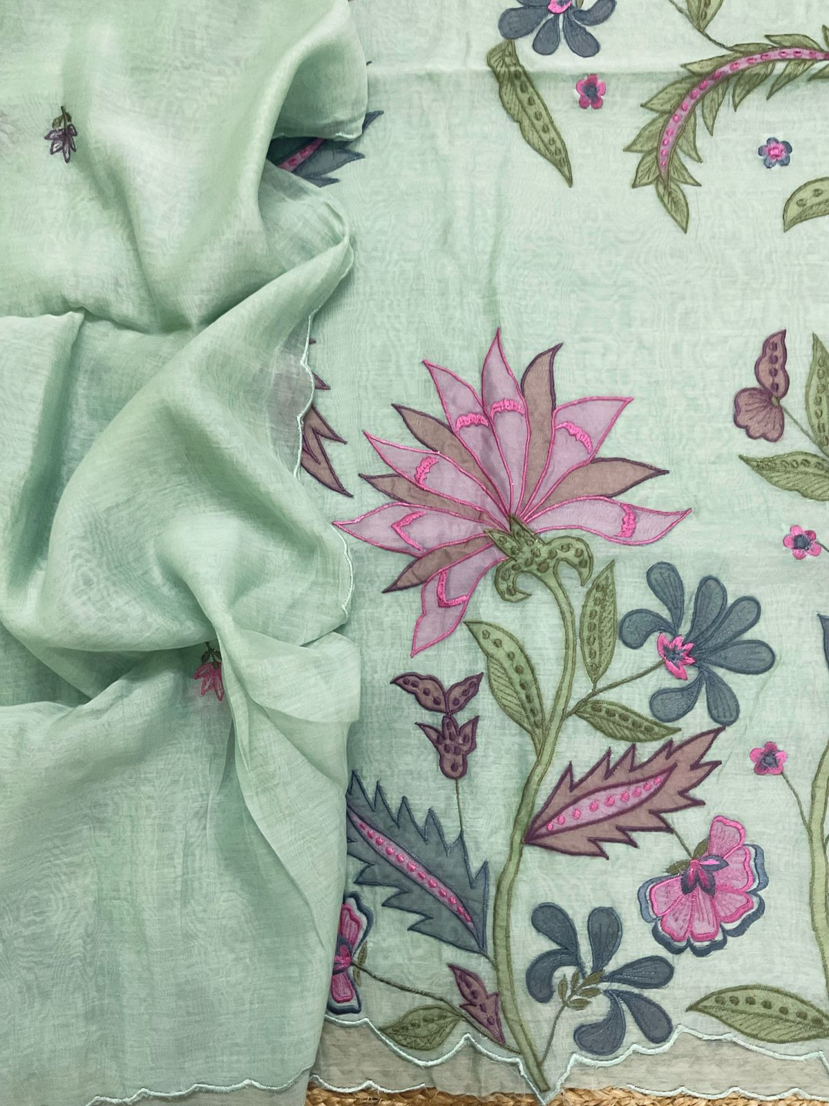 Pure Mul Chanderi Embroidered Suit - Aqua