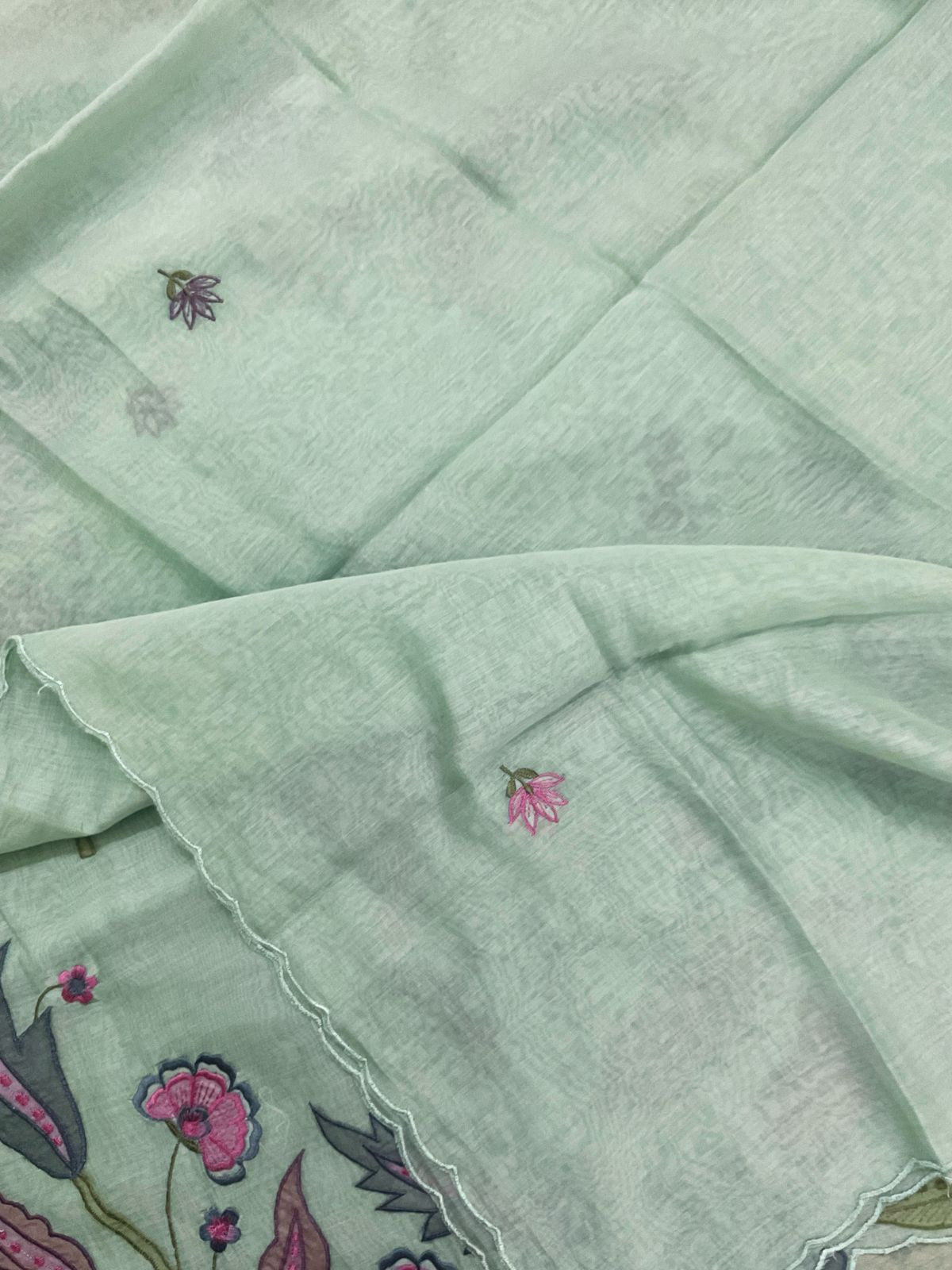 Pure Mul Chanderi Embroidered Suit - Aqua