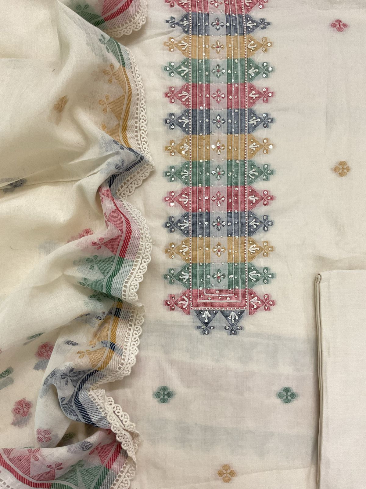 Pure Fine Cotton Jamdani Weaved Embroidered Suit - Cream