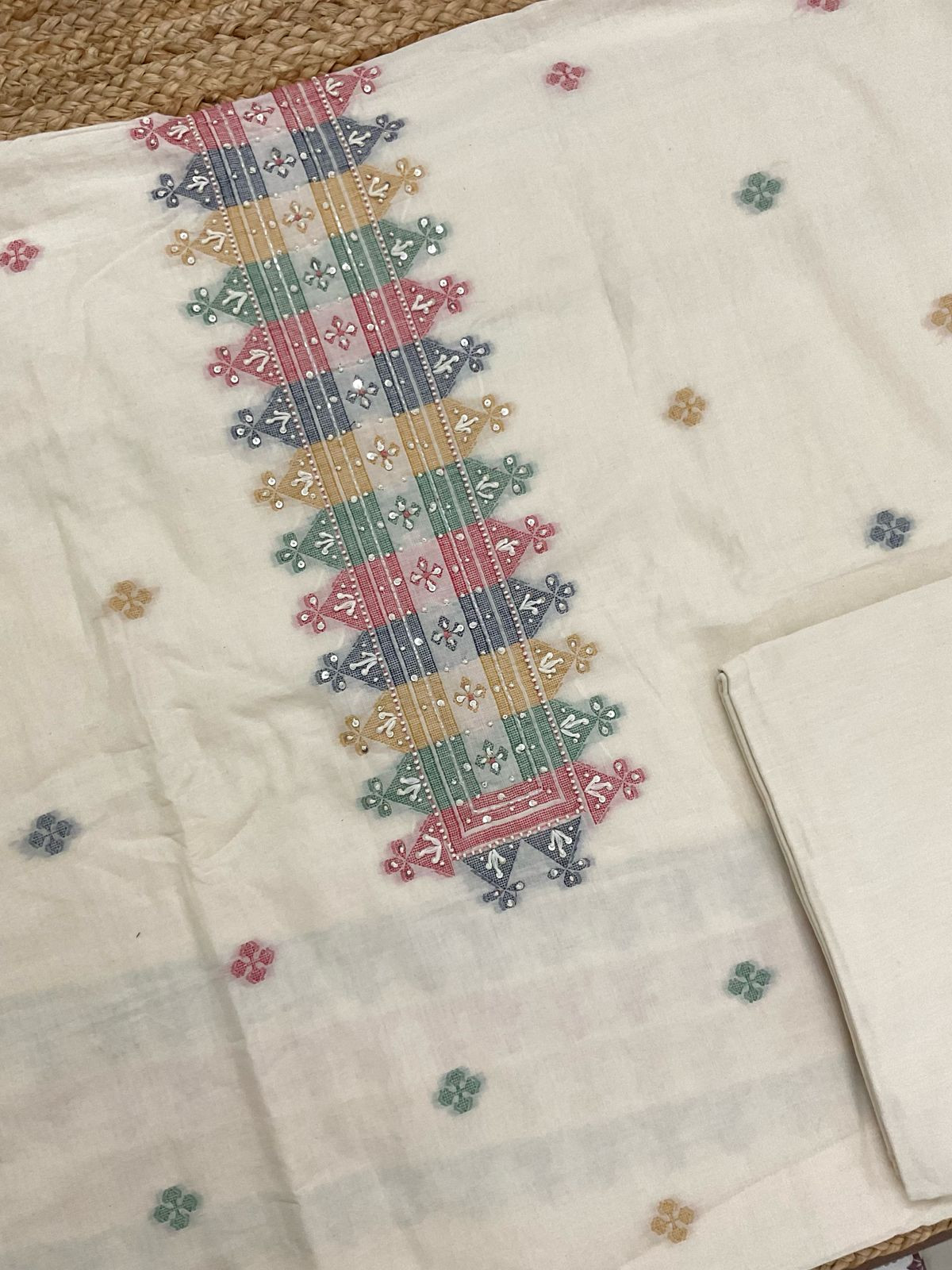 Pure Fine Cotton Jamdani Weaved Embroidered Suit - Cream